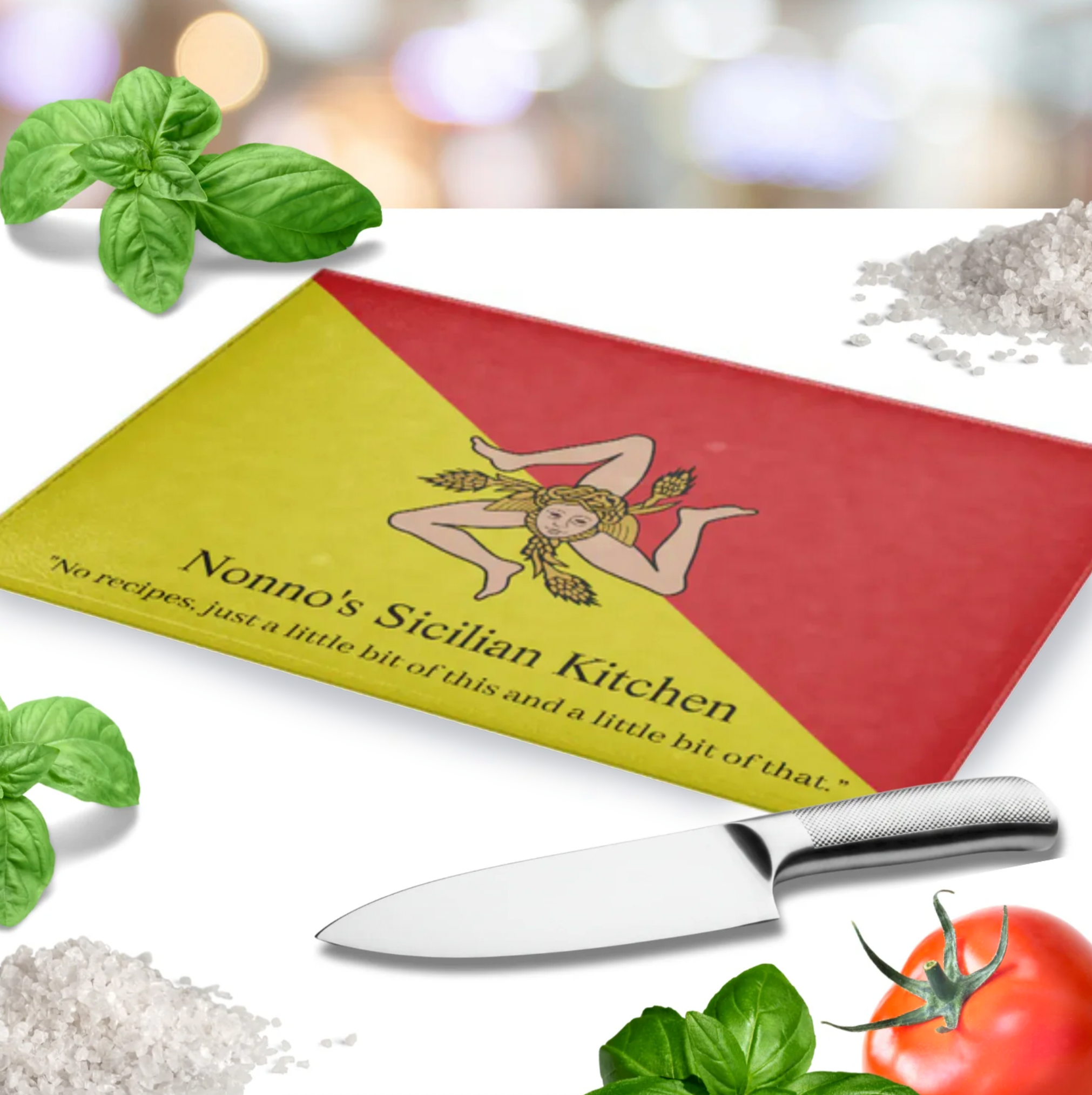  Personalized Flag of Sicily glass cutting board with fully customizable name and message, example: "Nonna's Sicilian Kitchen" with custom saying. Sicilian heritage decorative cutting board, kitchen wall decor, housewarming gift, Mother's Day gift, birthday gift, bridal shower gift for Sicilian cook.
