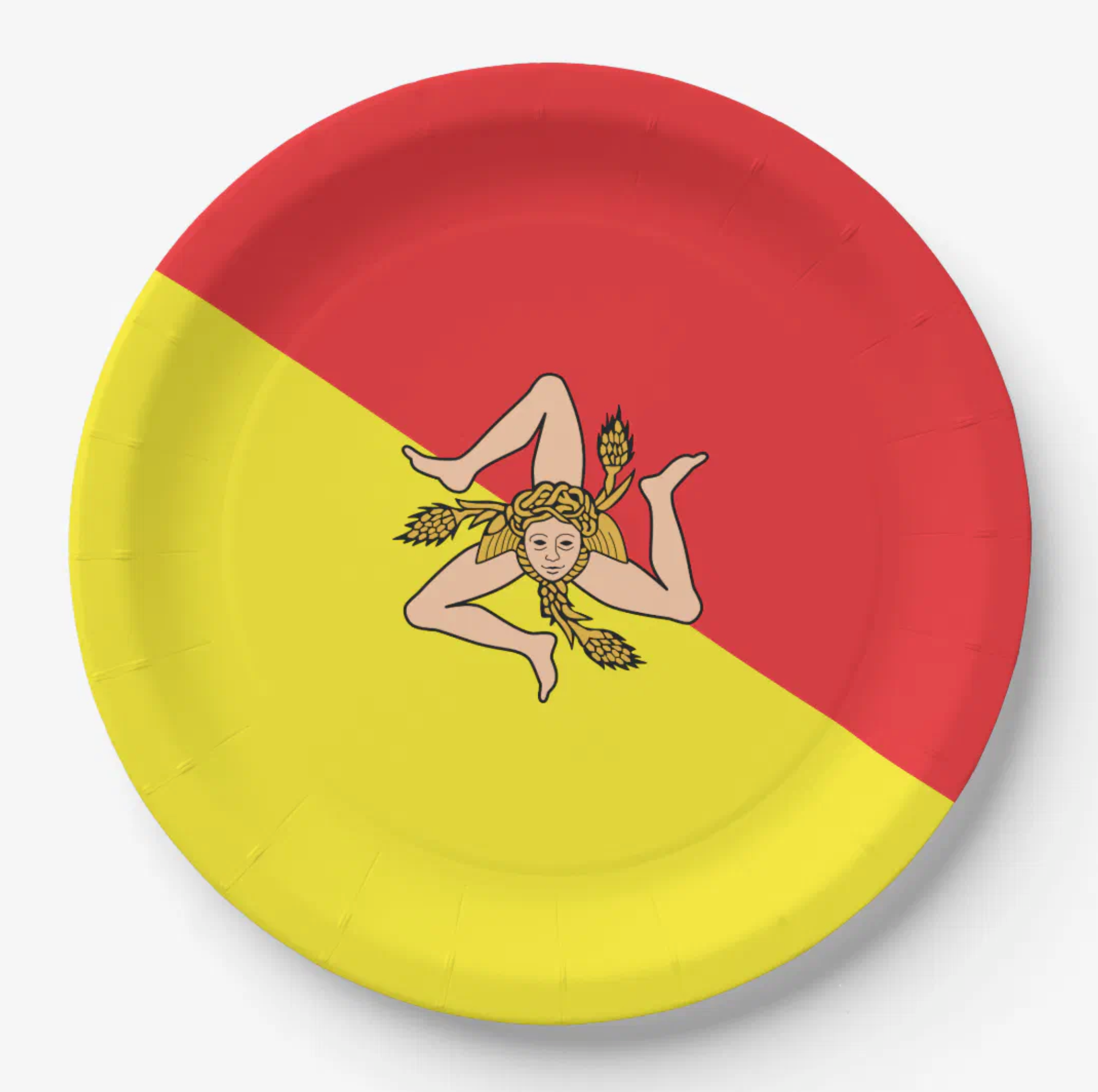 Festive paper plate featuring the Flag of Sicily Trinacria design. Perfect Sicilian heritage gift for her, housewarming gift, or party supplies for Italian celebrations, family gatherings, and special occasions.