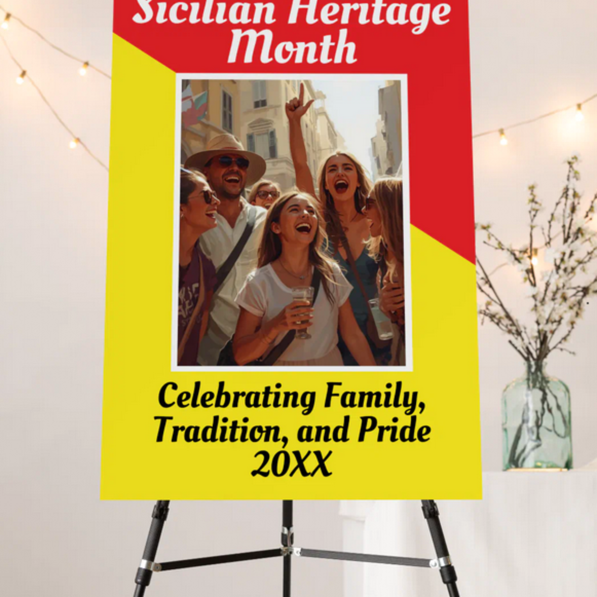 Party welcome sign foam core vertical with flag of Sicily, custom picture, and custom bold black message at top and bottom (example: The Martorana Family Reunion 20XX). Sicilian heritage party sign, Sicily pride welcome sign, family reunion sign, personalized Sicilian gift, gift for Sicilian family, Italian party decor, Sicilian American celebration, Trinacria welcome sign.
