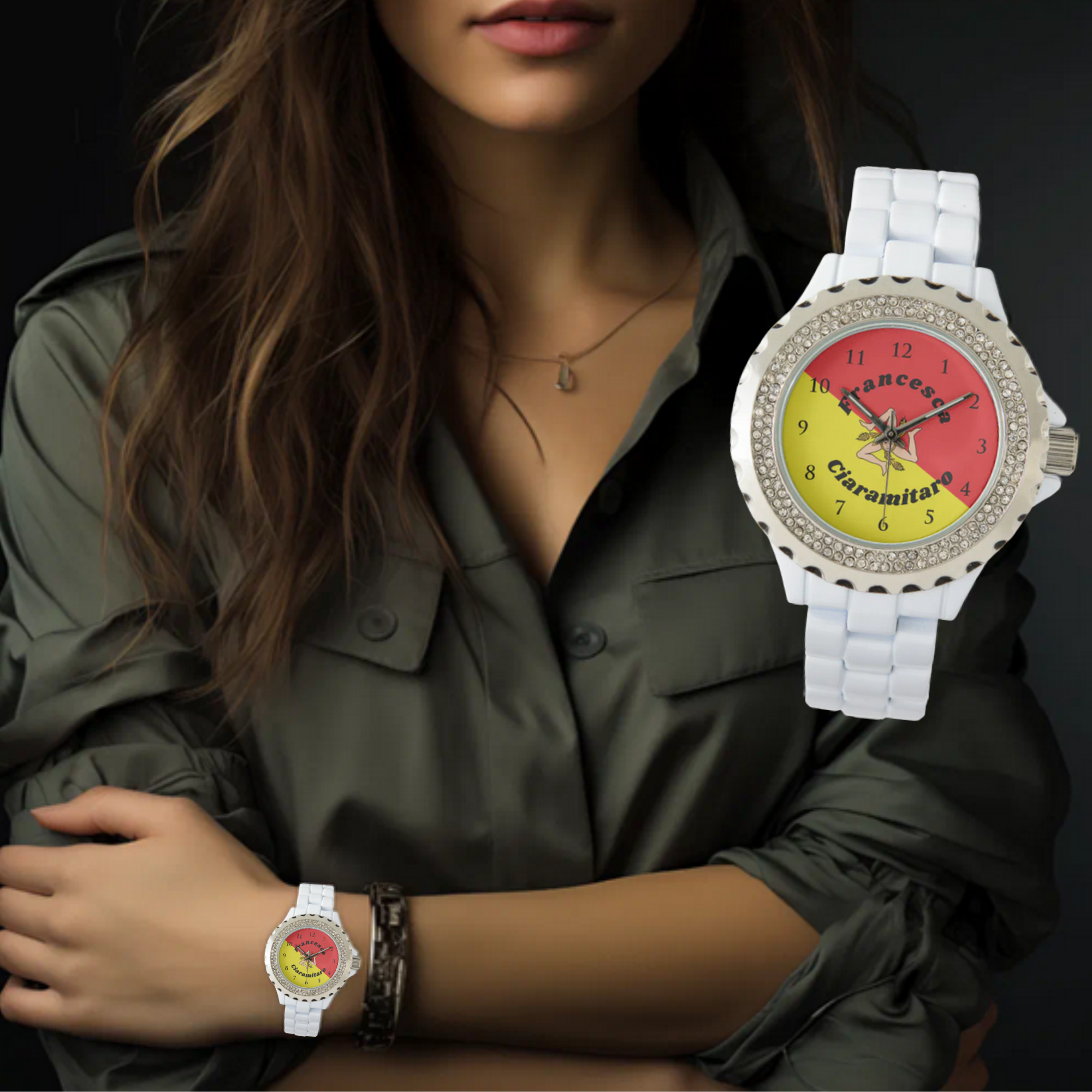 Women's white watch with rhinestones personalized with flag of Sicily, can choose watch style. Sicilian heritage gift, Sicily pride watch, personalized Sicilian gift, gift for Sicilian woman, Trinacria watch, Sicilian American gift, gift for Sicilian family, Sicily jewelry. 