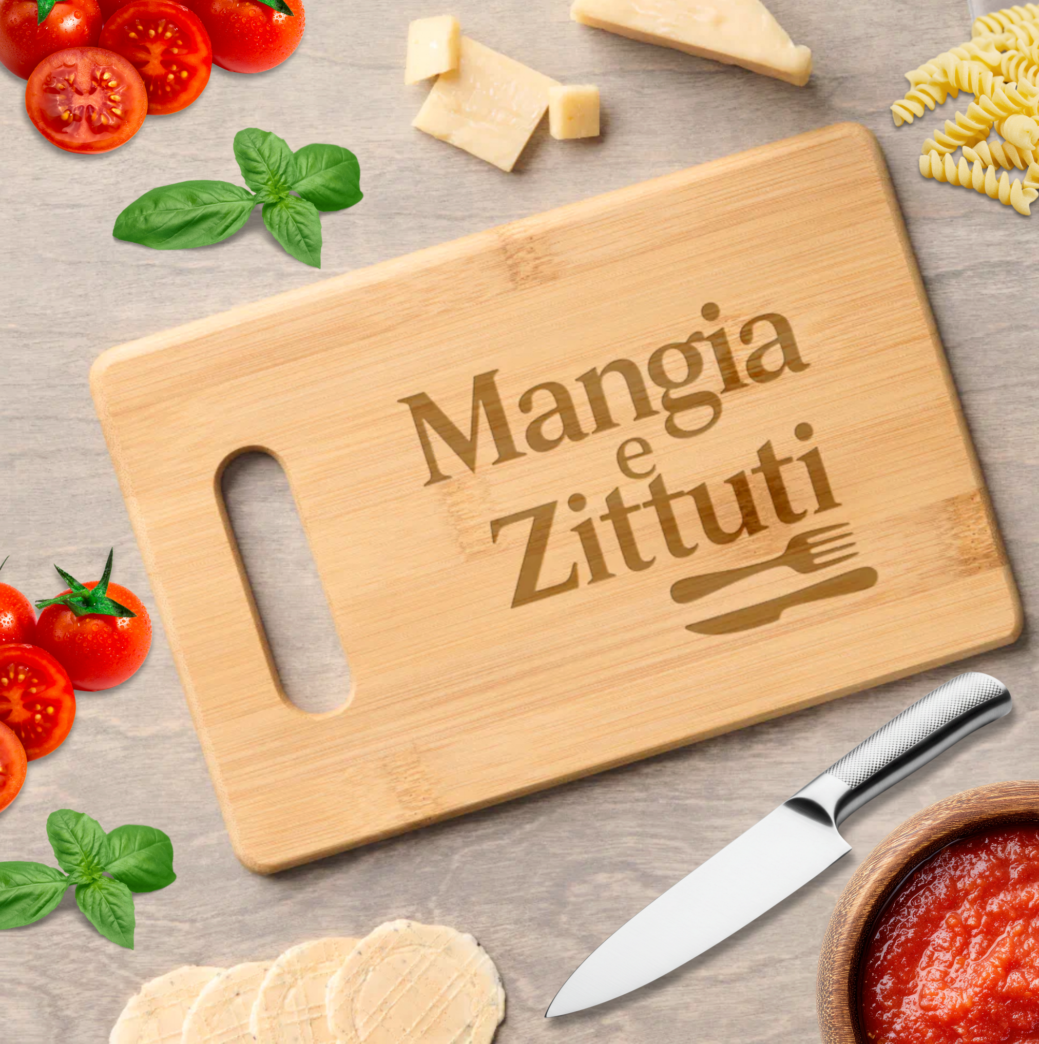 This cutting board features the Sicilian phrase “Mangia e Zittuti” — “Eat and be quiet,” or, more bluntly, “Eat and shut up.” Straight from Nonna: if you were talking, the food was going to get cold!
