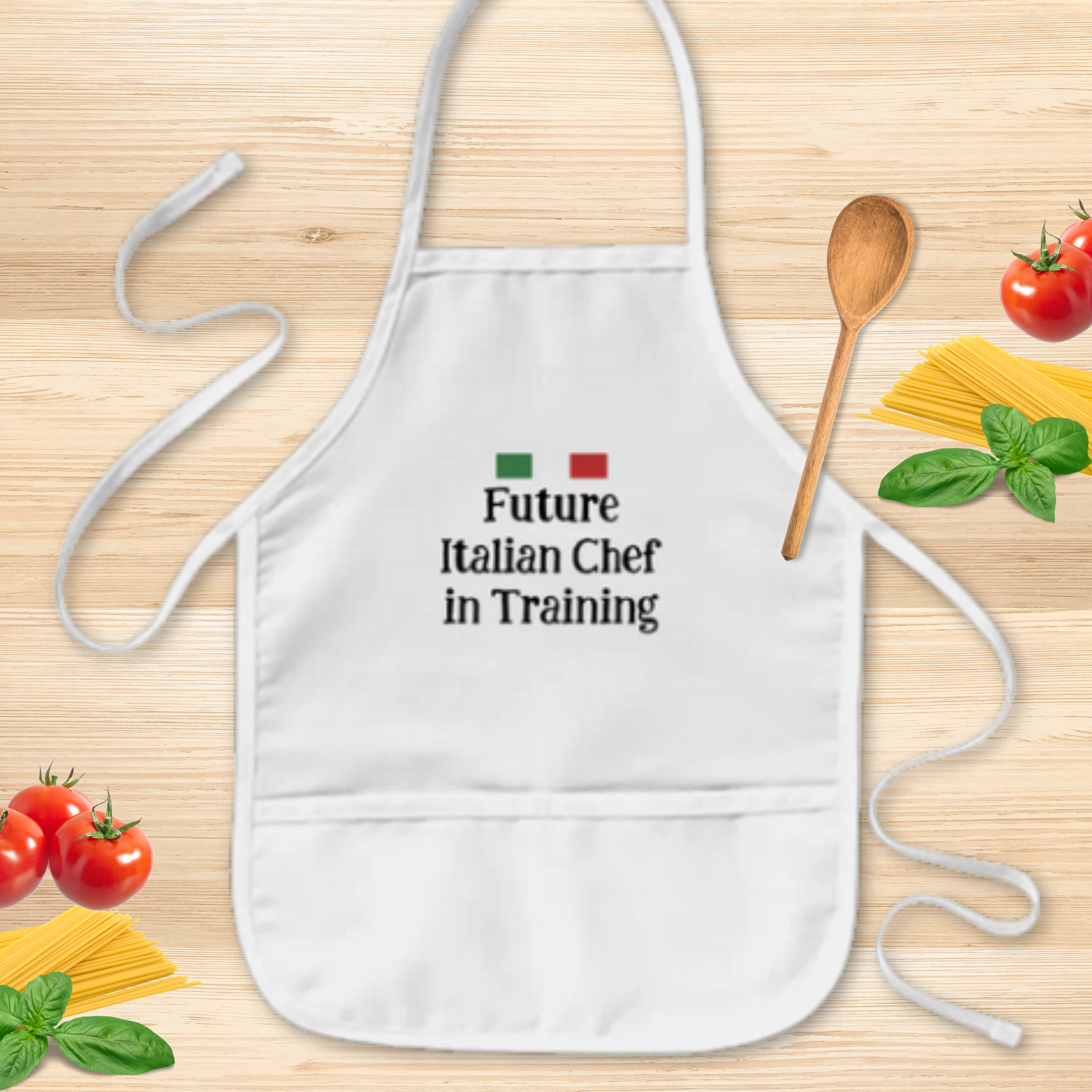 Kids apron with customizable wording and Italian flag design. Italian heritage gift for children, cooking gift for kids, birthday gift, Christmas gift, and personalized gift for young aspiring chefs. 