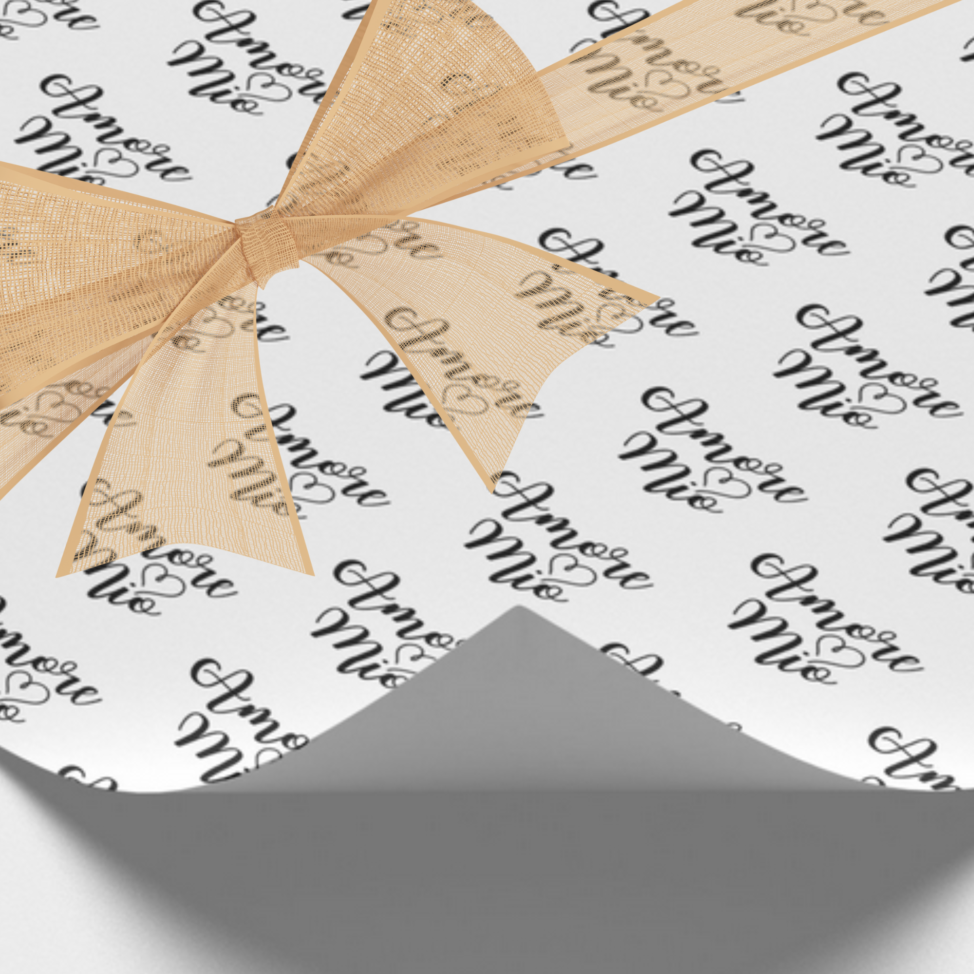 White gift wrapping paper with Amore Mio (my love) in black script repeated pattern. Italian heritage gift wrap, Italy pride wrapping paper, Italian celebration gift wrap, Italian wedding wrap, baby shower wrapping paper, bridal shower wrapping paper, Italian party supplies, Italian American gift wrap, romantic Italian gift wrap. 