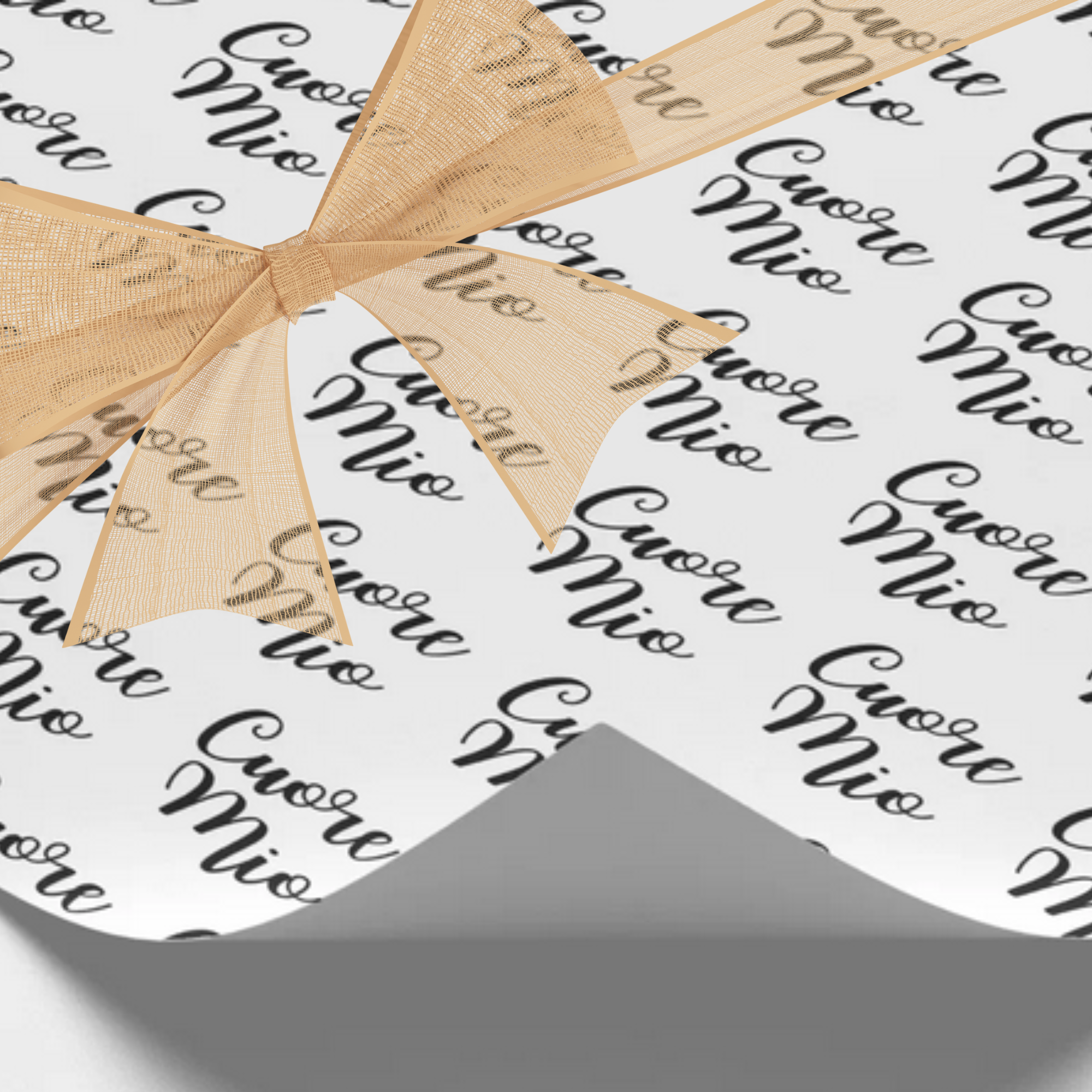 White gift wrapping paper with Cuore Mio (my heart) in black script repeated pattern. Italian heritage gift wrap, Italy pride wrapping paper, Italian celebration gift wrap, Italian wedding wrap, bridal shower wrapping paper, Italian party supplies, Italian American gift wrap, romantic Italian gift wrap.
