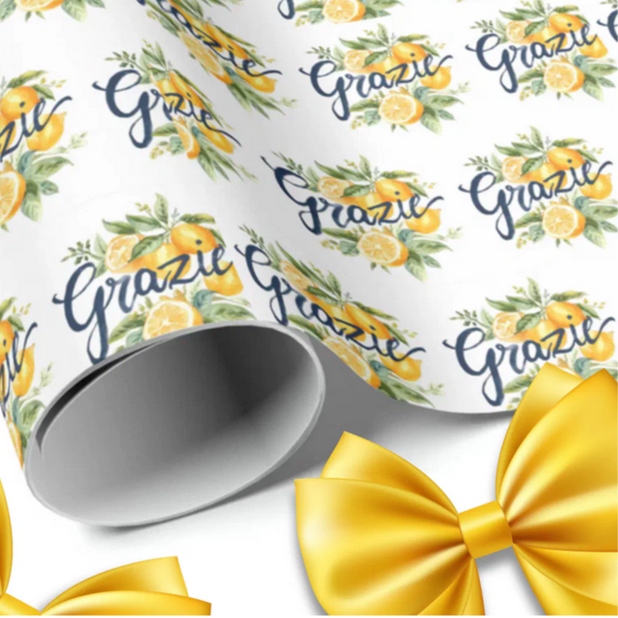 White gift wrapping paper with repeated watercolor lemons and navy Grazie (thank you) script. Italian and Sicilian heritage gift wrap, Mediterranean wrapping paper, lemon pattern gift wrap, Italian party supplies, Italian wedding gift wrap, bridal shower wrapping paper, Italian celebration supplies.
