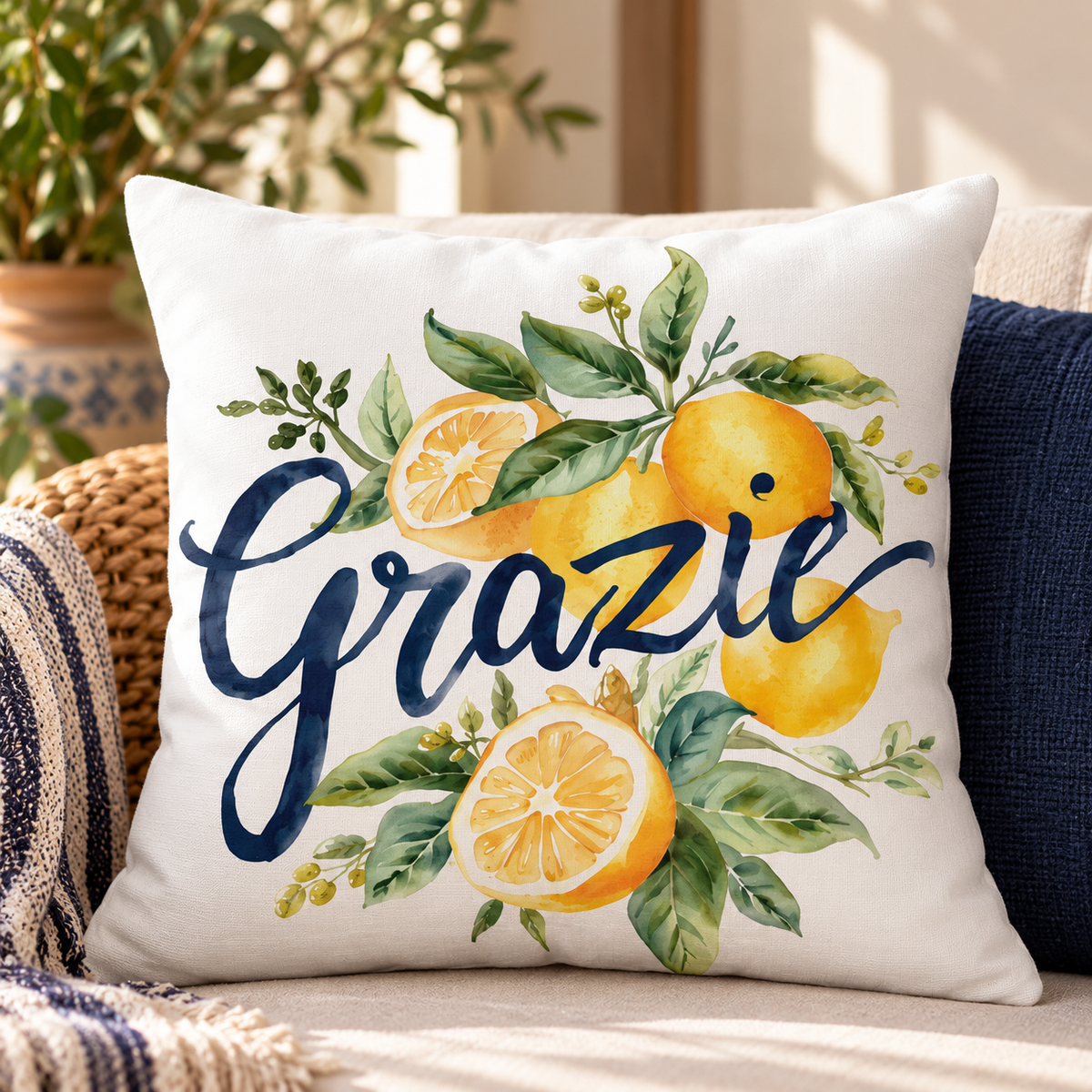 Bring a touch of Italian sunshine into your home with this beautiful “Grazie” decorative throw pillow! Featuring watercolor lemons, lush green leaves and elegant navy script, this Italian-inspired accent pillow adds Mediterranean charm to sofas, living rooms and cozy seating areas. A thoughtful thank-you gift for anyone who loves Italian decor!