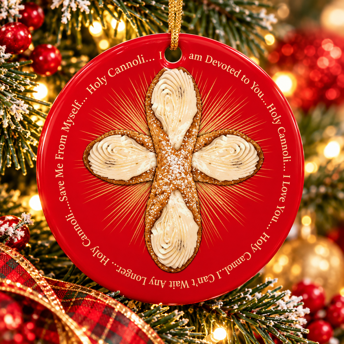 Holy Cannoli Italian Christmas ceramic ornament with cannoli cross and funny sayings on a festive tree.