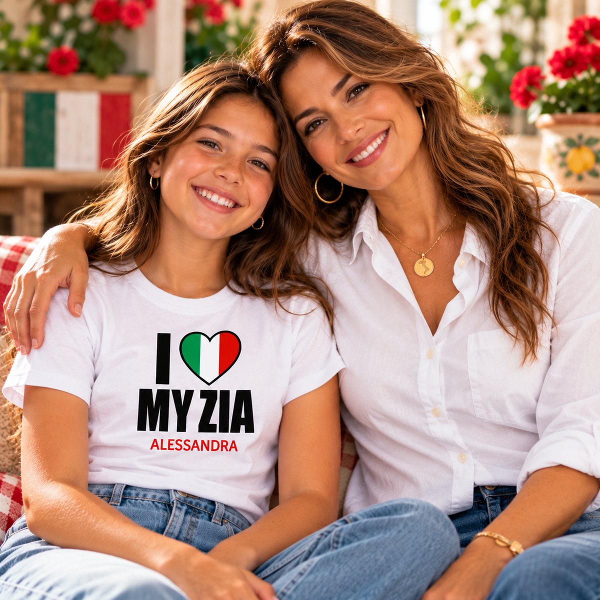 Smiling teen wearing personalized I Love My Zia Alessandra Italian T-shirt with her proud aunt.