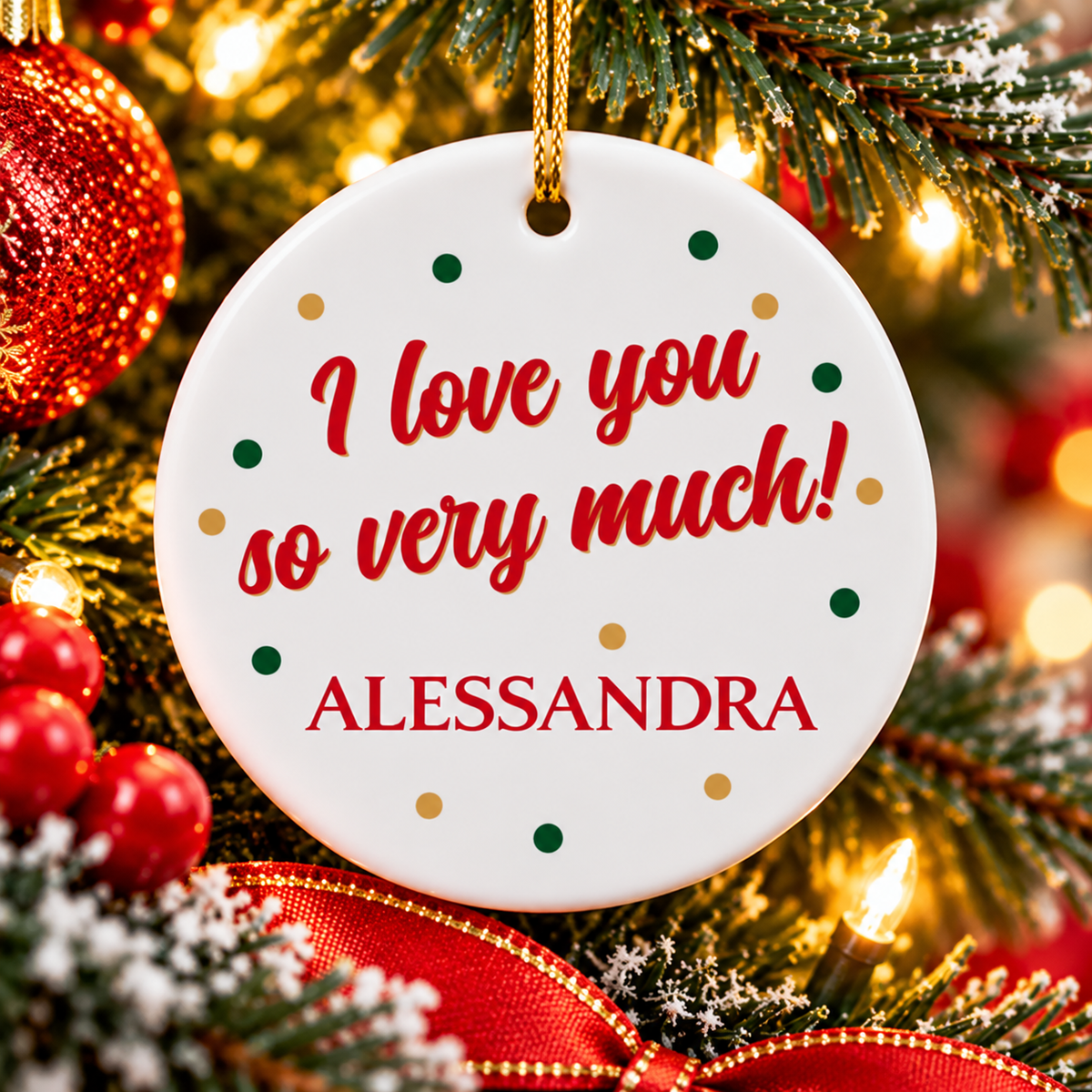 Personalized message on back of ceramic Christmas ornament: “I love you so very much! Alessandra.”