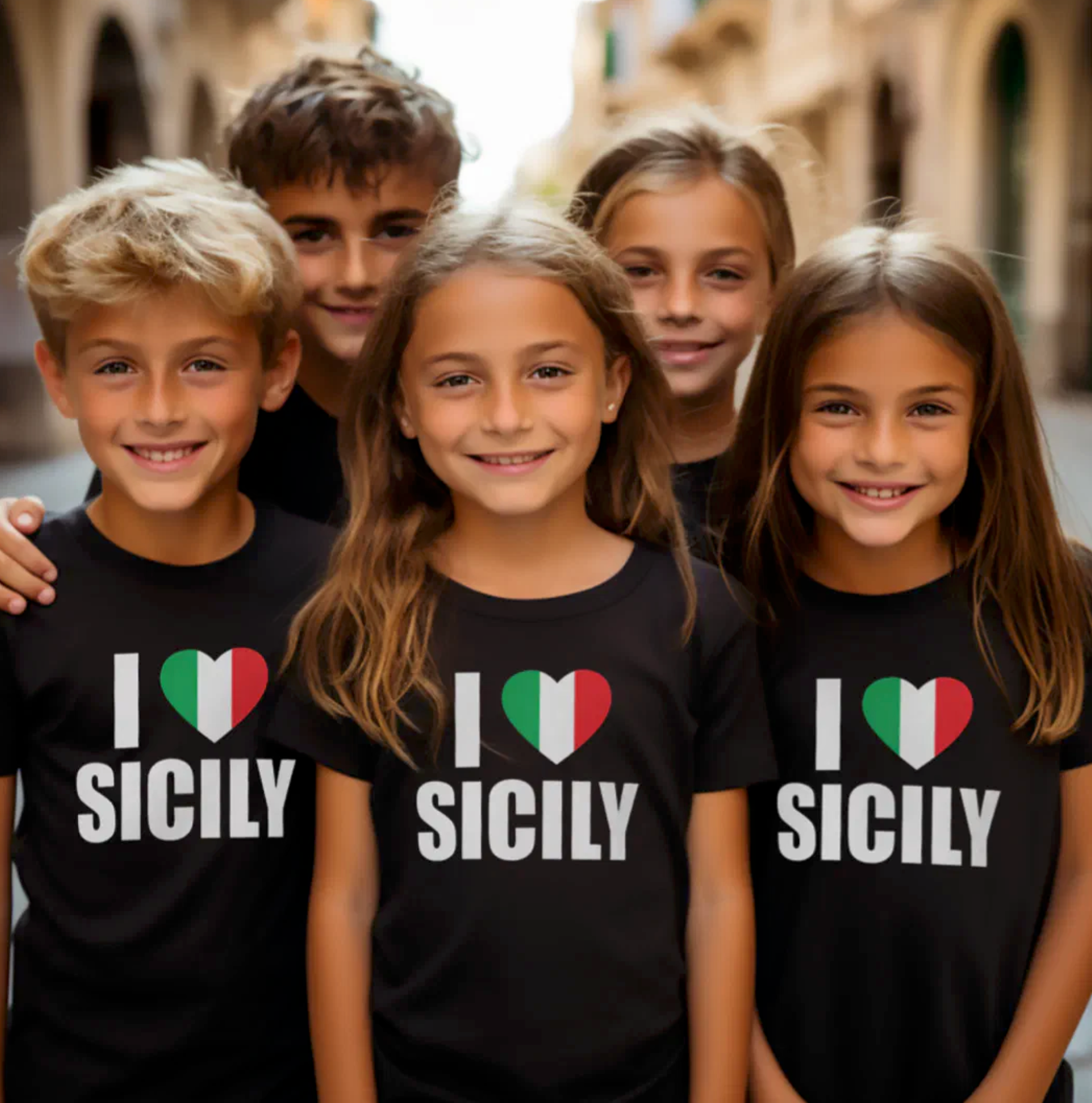 Black kids t-shirt with 'I Love Sicily' and Italian flag heart design. Sicilian heritage kids apparel, gift for kids, family matching shirts, birthday gift, Christmas gift, vacation shirt, and adorable tee for Sicilian pride.
