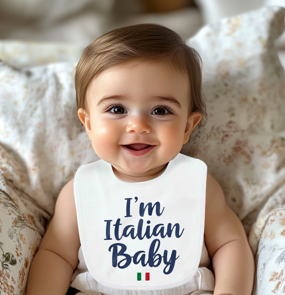 White baby bib with navy I'm Italian Baby text and Italian flag accent - Italian heritage baby gift