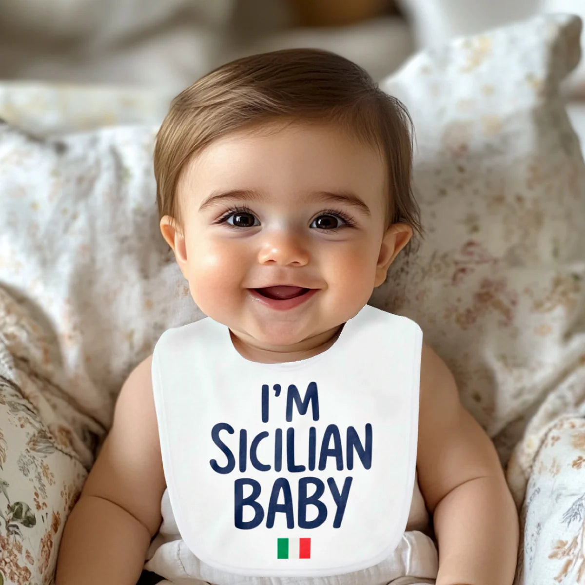 White baby bib with navy I'm Sicilian Baby text and Italian flag accent - Italian heritage baby gift