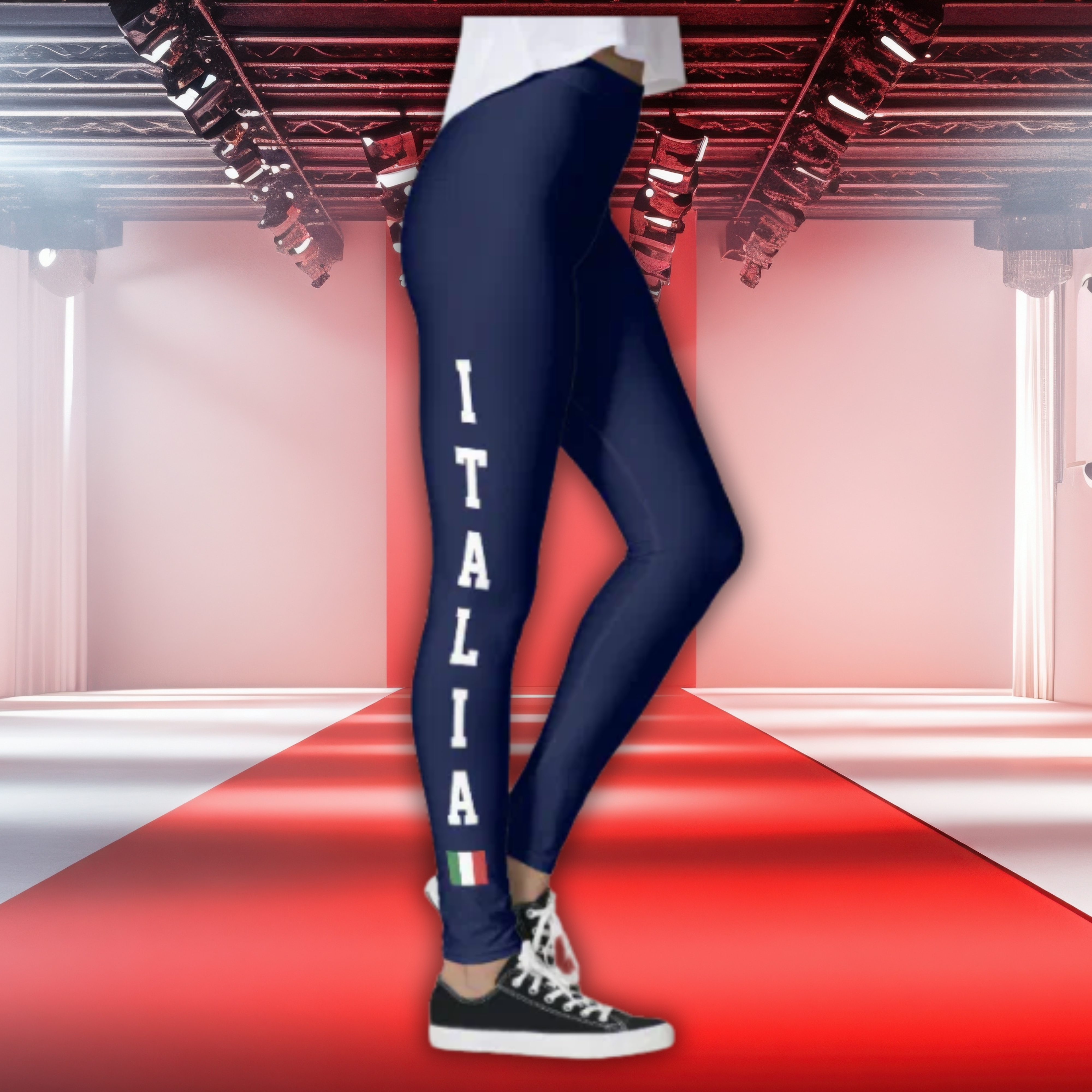 Navy leggings with white athletic ITALIA text vertically and small Italian flag at ankle. Italian heritage gift for her, birthday gift, Christmas gift, activewear gift, workout gift.
