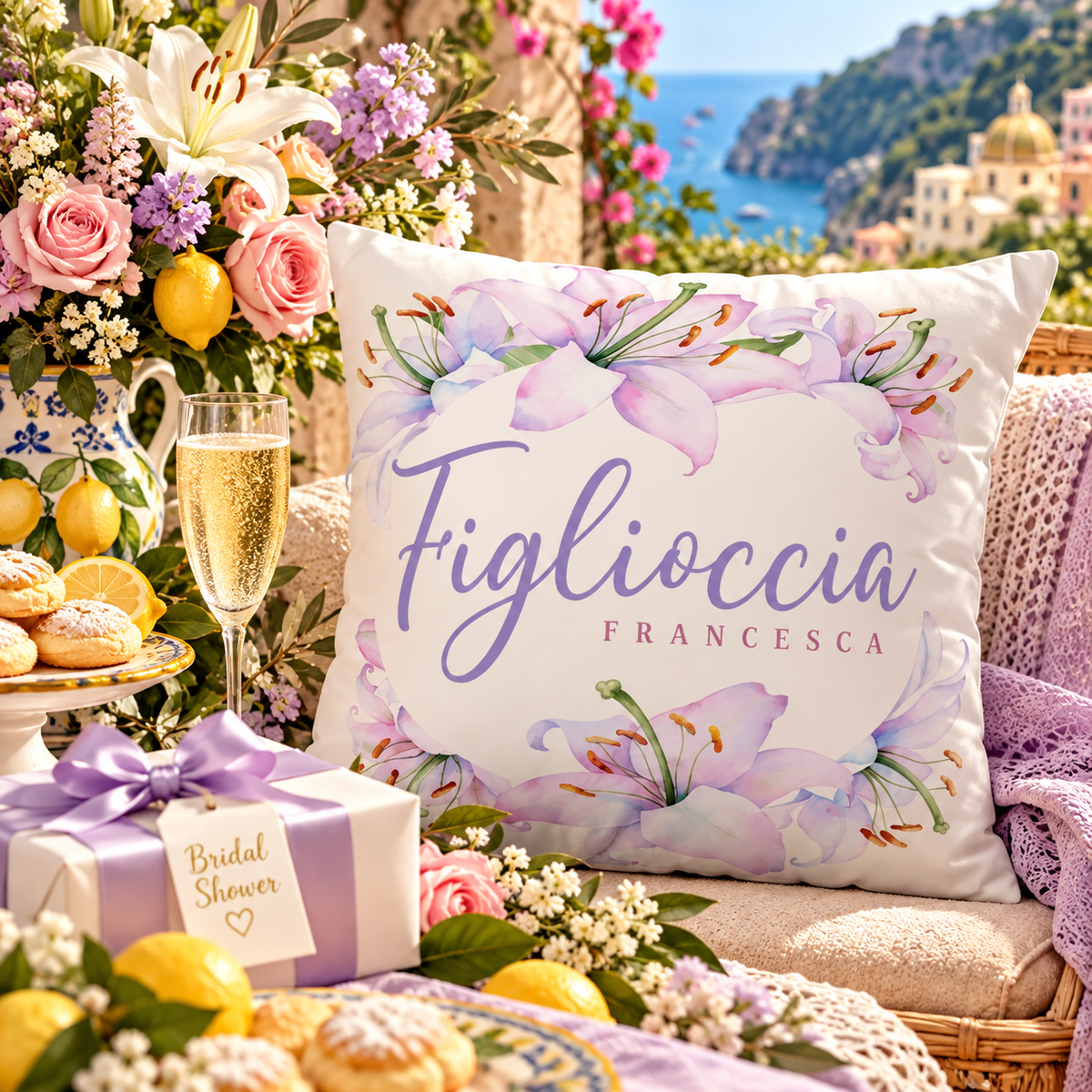 Personalized Figlioccia (Italian for goddaughter) Francesca floral pillow with lavender lilies, styled for an Italian bridal shower with champagne, roses, and Amalfi Coast décor.