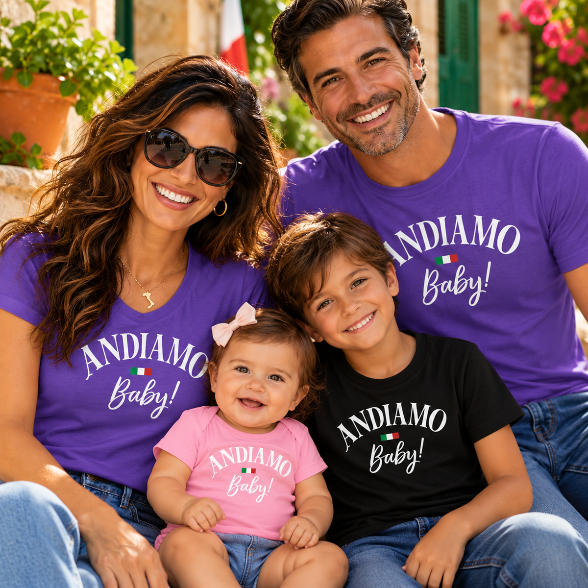 Smiling Italian family wearing Andiamo Baby! Travel T-shirts with Italian flag accents—pink for baby, black for kids, and purple for adults. Fun matching Italian family shirts for all ages.
