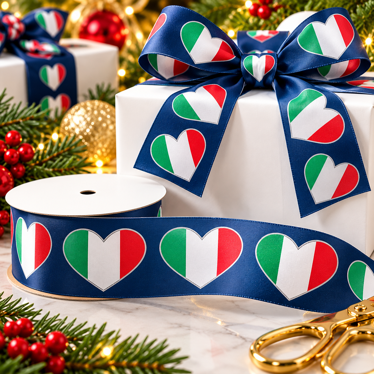 Navy blue Italian flag heart ribbon with green, white and red hearts for Christmas gift wrapping, weddings, Italian parties and celebrations.