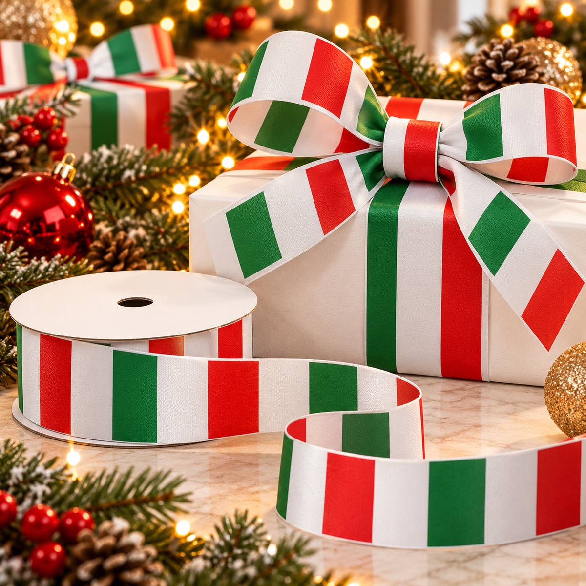 Italian flag ribbon with repeating green, white and red tricolor design, styled into festive Christmas gift bows. Decorative Italian heritage ribbon for holiday gift wrapping, weddings, parties and special celebrations.