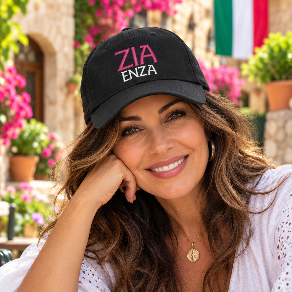 Personalized Zia baseball cap with custom name embroidery, worn by Italian aunt. Unique Italian heritage gift for Zia, birthdays, Mother's Day or Christmas.