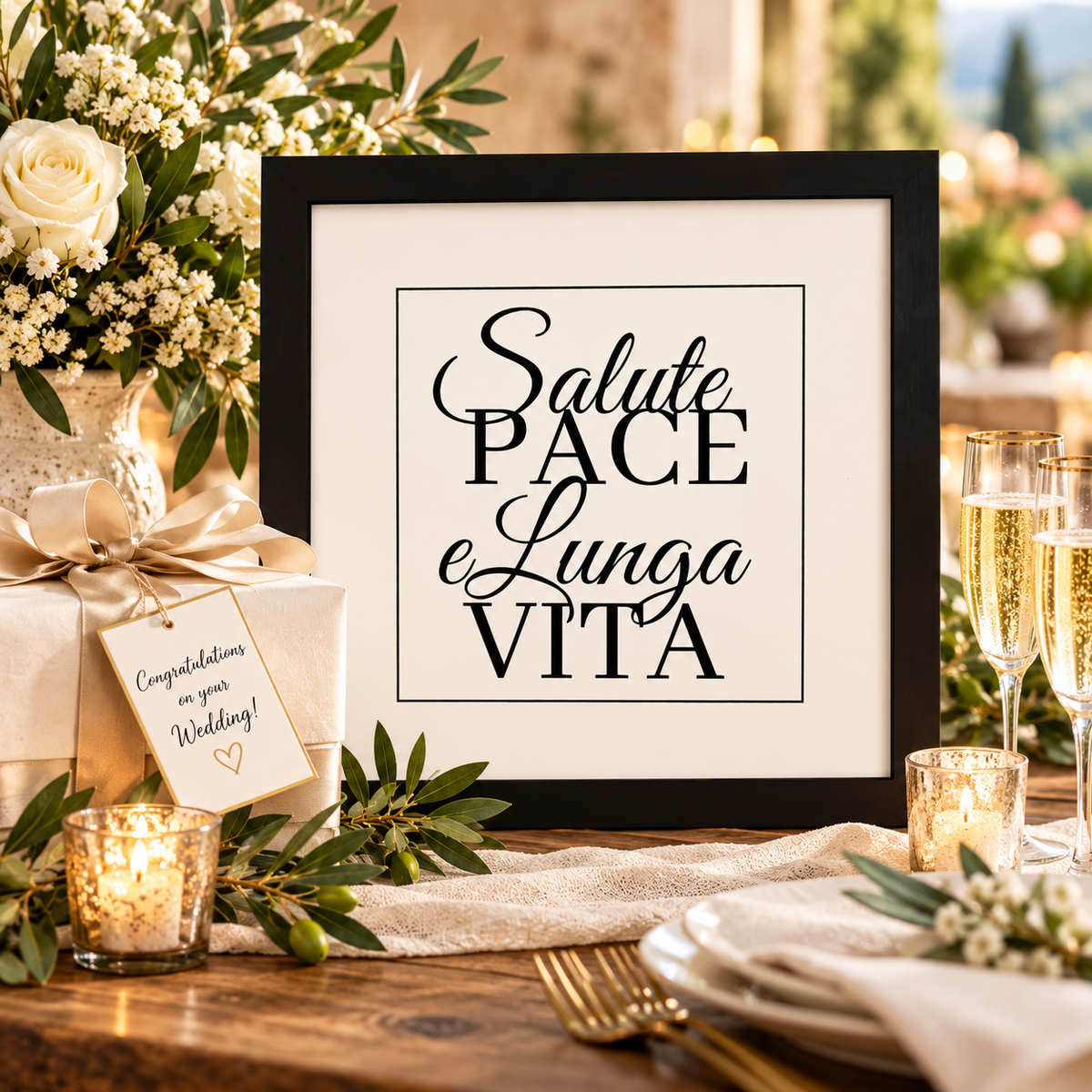 Celebrate a lifetime of love with this elegant “Salute, Pace e Lunga Vita” Italian framed wall art, meaning “Health, Peace and Long Life.” Beautifully styled with wedding flowers, champagne and a wrapped gift, this timeless black-and-white Italian blessing makes a meaningful wedding, bridal shower or anniversary gift. A heartfelt wish for newlyweds beginning their life together!