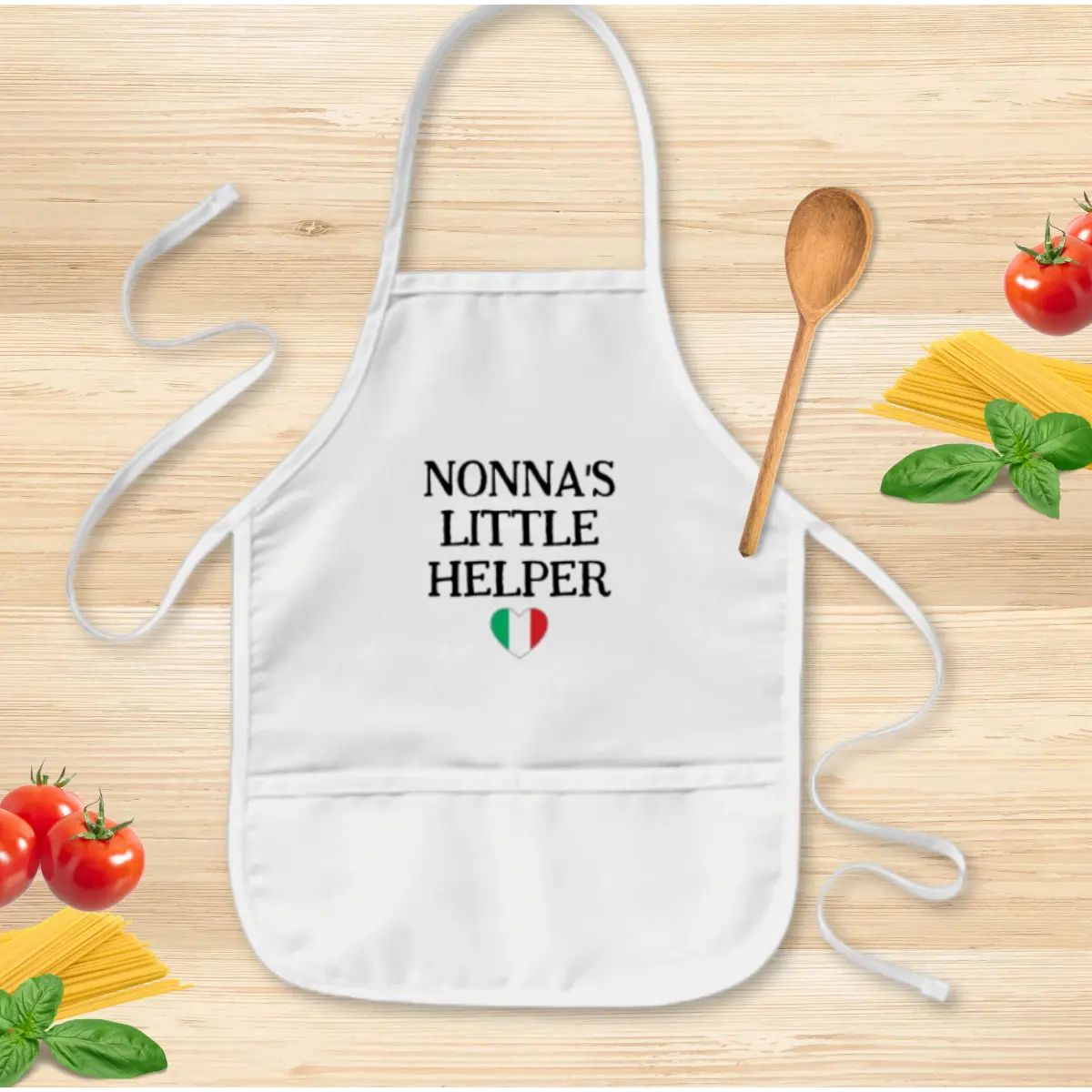 Kids White Apron 'Nonna's Little Helper'  with Italian flag heart icon; heritage gift for kids. Wording can be customized. Christmas gift for kids. Birthday gift for kids.