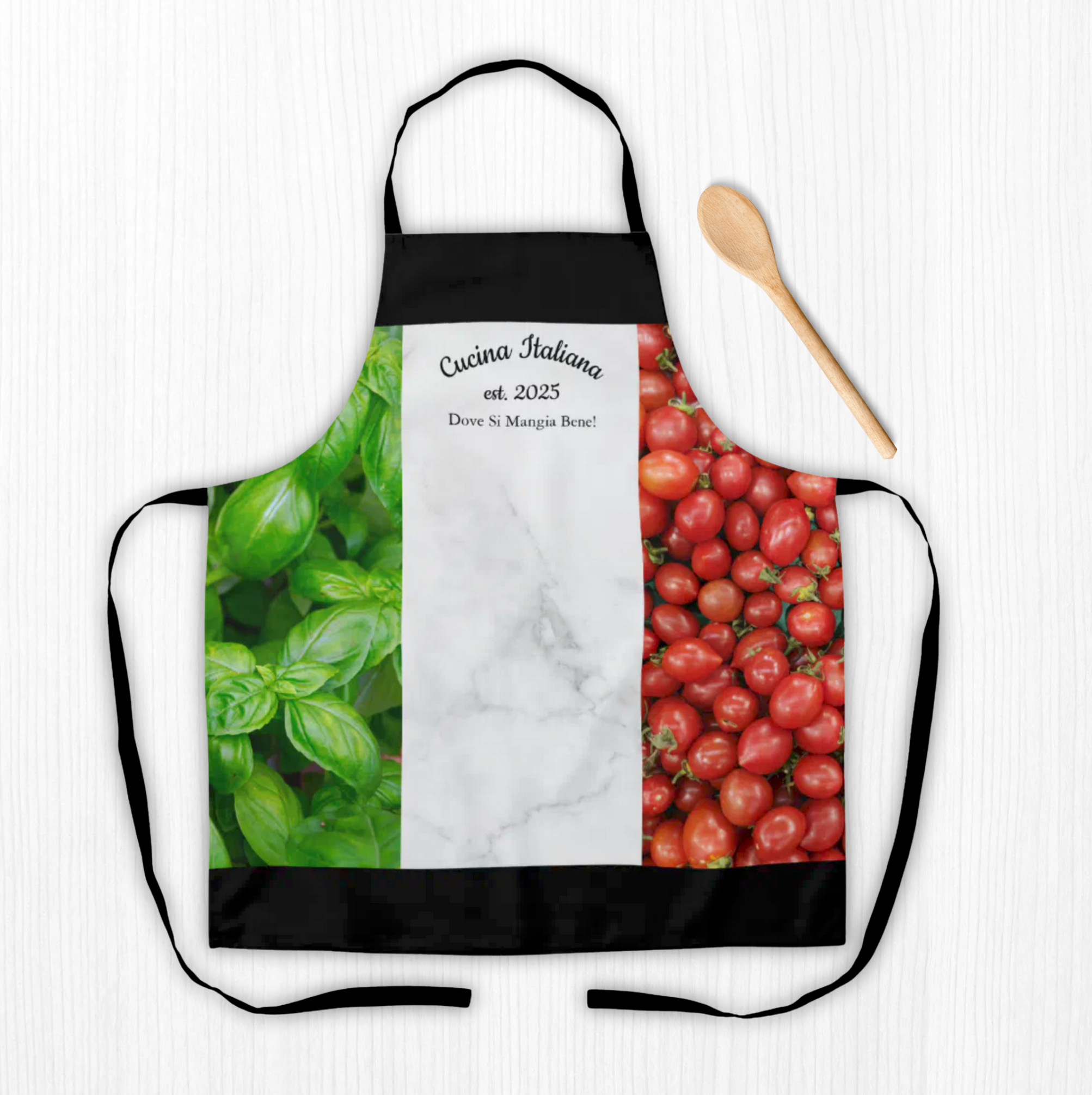 Stylish black apron with Italian flag design made of basil, white marble, and tomatoes, custom wording and established date. Italian heritage kitchen apron, gift for Italian cook, housewarming gift, wedding gift, bridal shower gift, anniversary gift, gift for chef, gift for her, gift for him.
