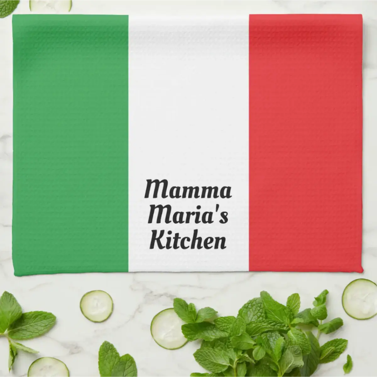 Custom kitchen towel featuring the Italian flag design with personalized wording. Perfect Italian heritage gift for housewarming, Mother's Day, or Italian kitchen decor.