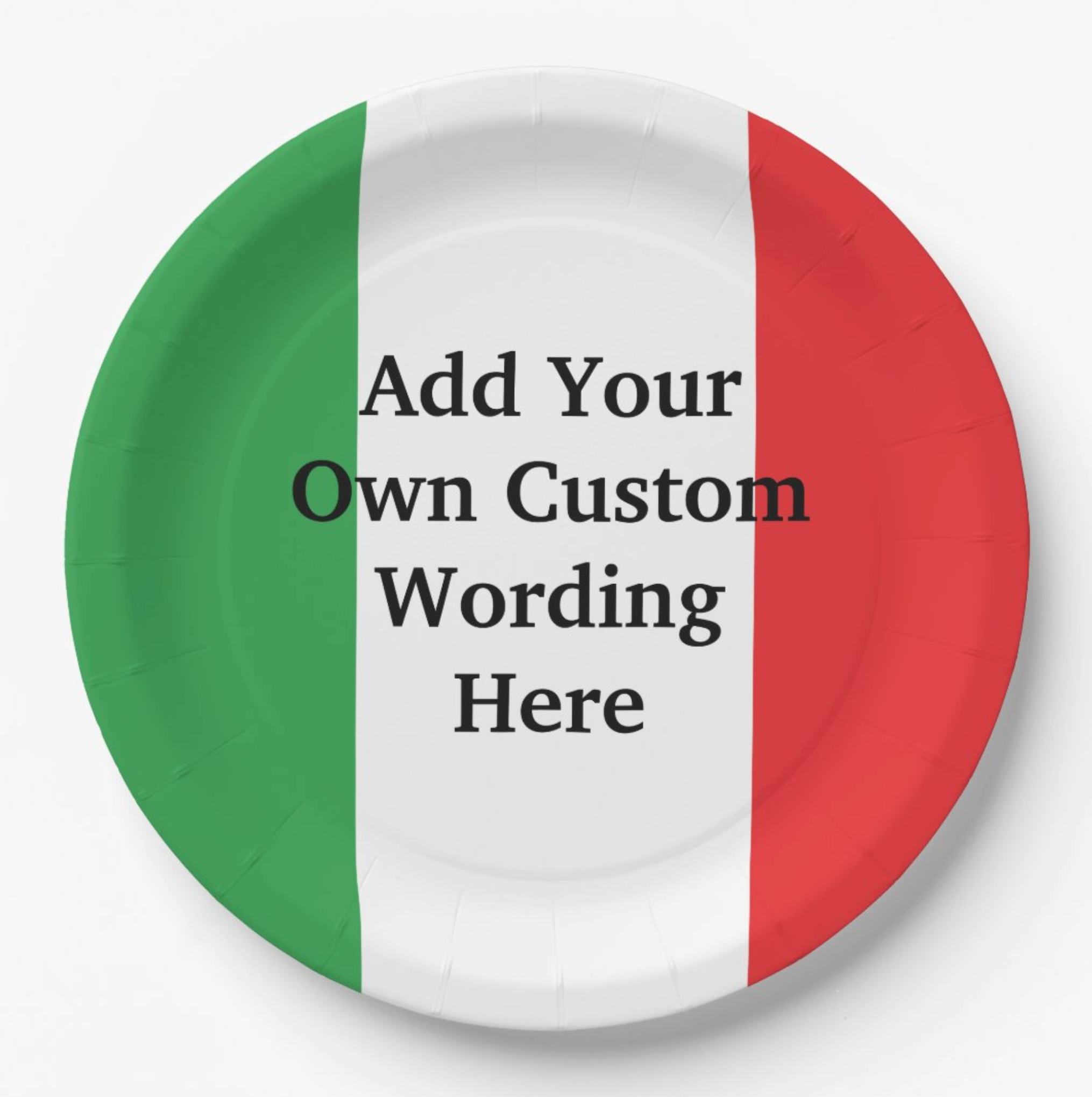 Custom paper plate featuring Italian flag design with personalized wording. Perfect Italian heritage gift for her, housewarming gift, or party supplies for Italian celebrations, family gatherings, and special occasions.
