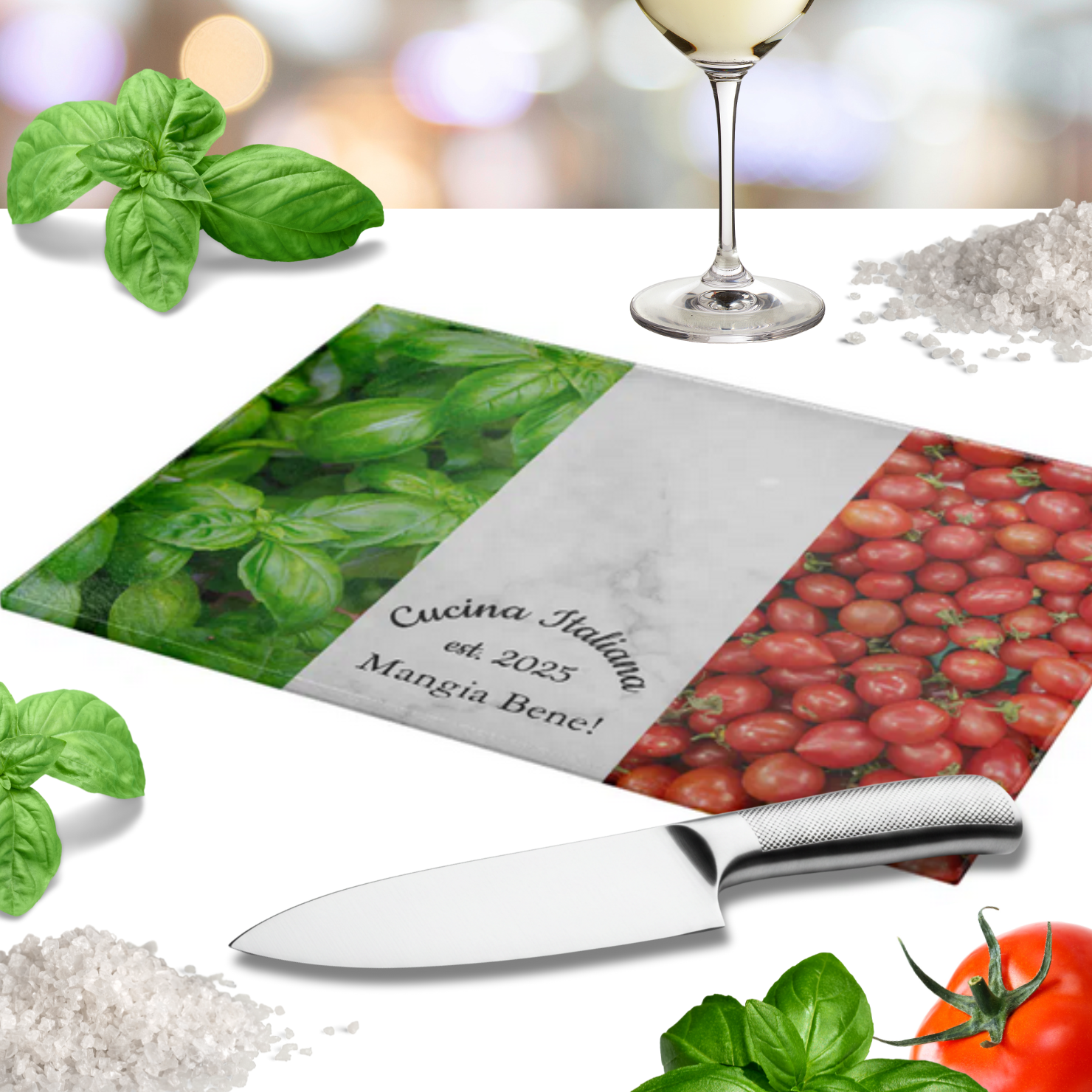  Glass cutting board with clever Italian flag design made of basil, white marble, and tomatoes, custom wording of your choice. Italian heritage kitchen decor, decorative cutting board, housewarming gift, wedding gift, bridal shower gift, gift for Italian cook, gift for her, gift for him.
