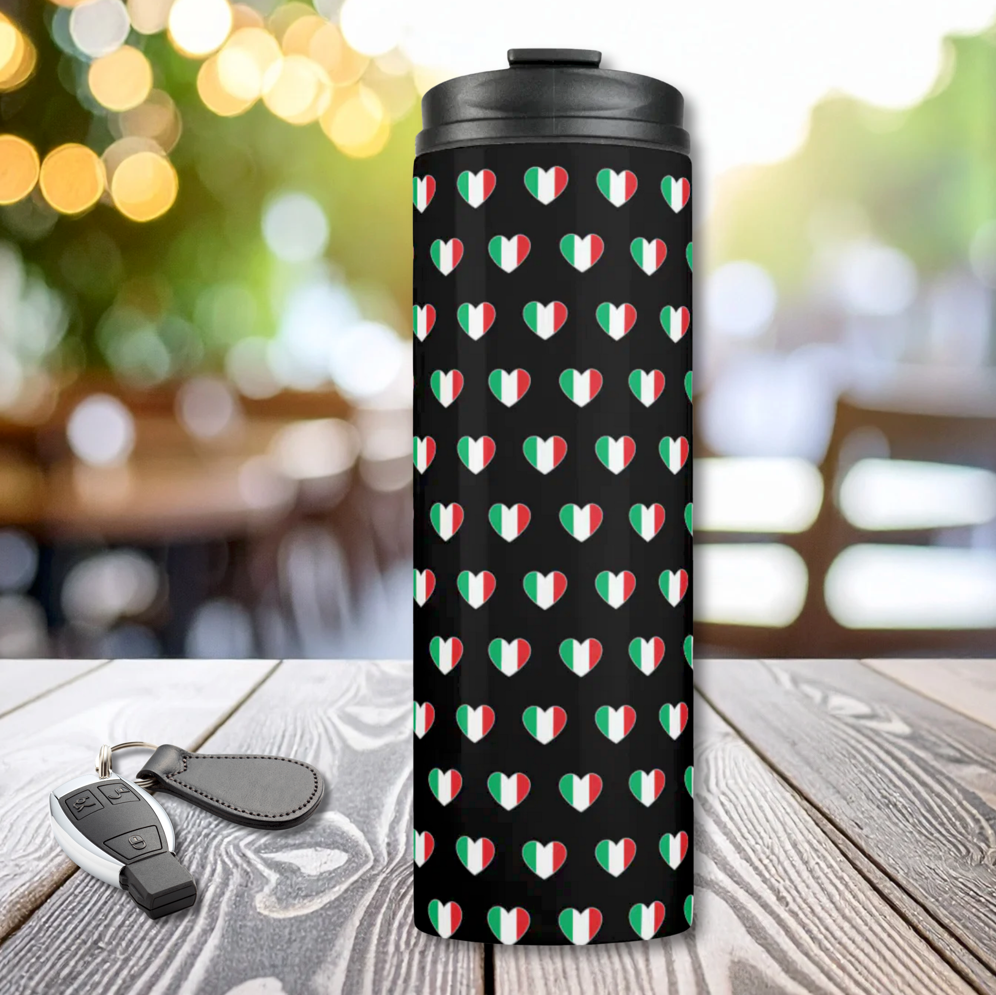 Tumbler with repeating Italian flag hearts pattern on black background. Heritage gift for her, gift for him, birthday gift, Christmas gift, Valentine's Day gift. 