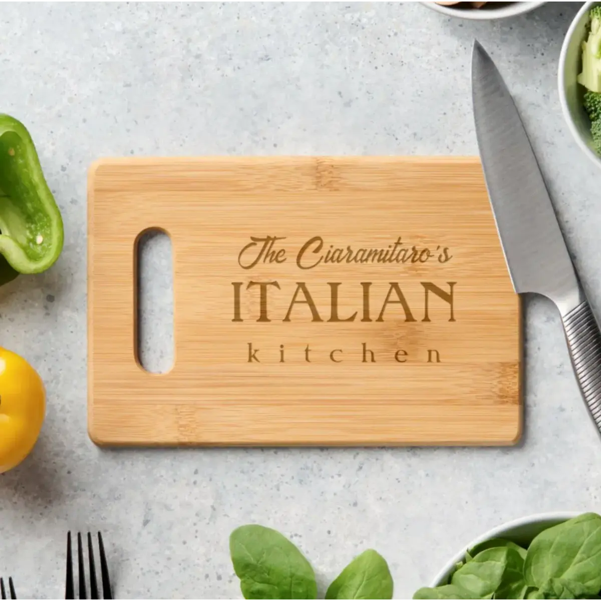 Personalized Italian kitchen etched cutting board with custom family last name, "The [Last Name]'s Italian Kitchen". Heritage housewarming gift, wedding gift, anniversary gift, gift for chef, kitchen decor.
