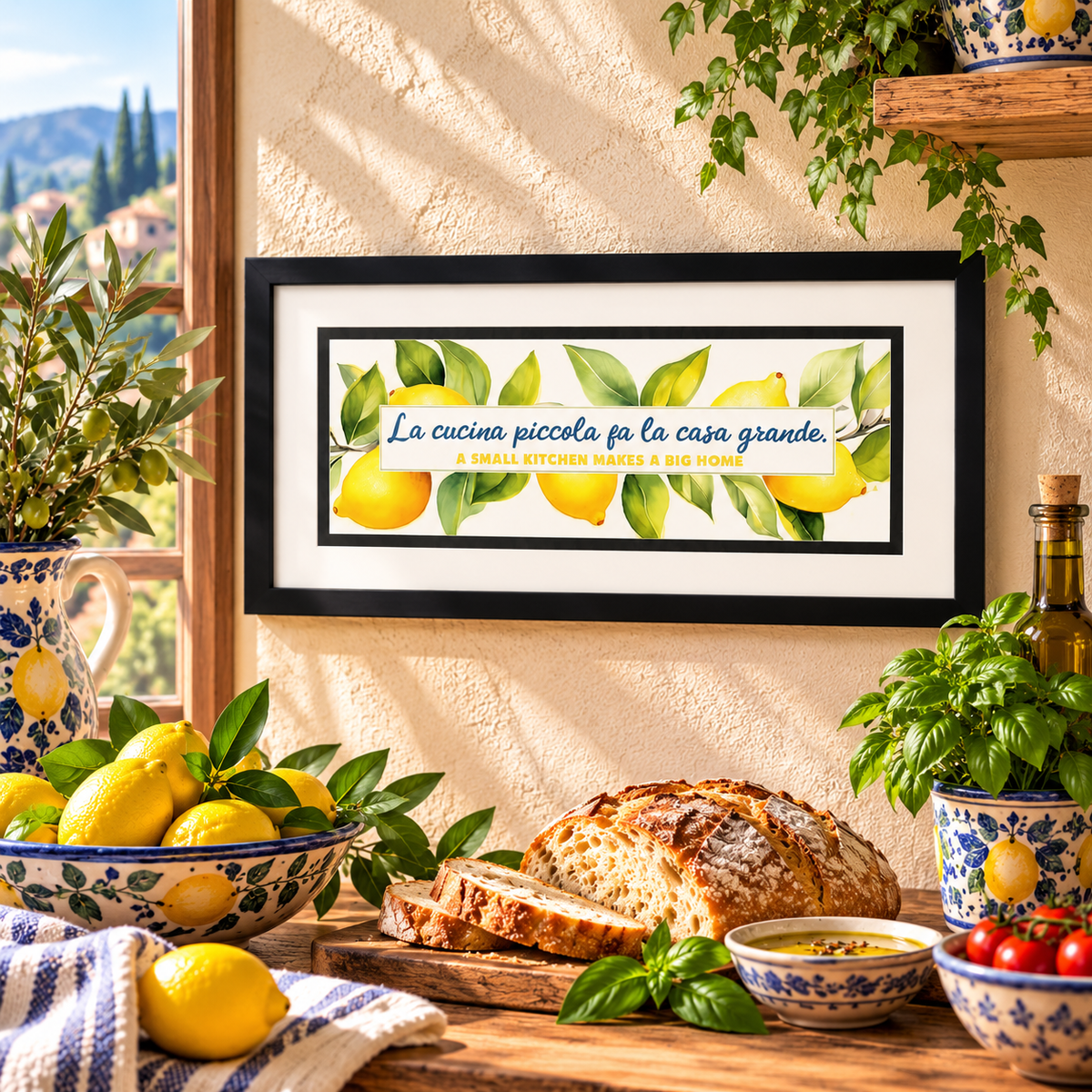 Bring the warmth of Italy into your home with our “La Cucina Piccola Fa La Casa Grande” framed wall art, meaning “A Small Kitchen Makes a Big Home!” Featuring cheerful watercolor lemons, soft green leaves and elegant Italian script, this charming Mediterranean kitchen print adds a touch of la dolce vita to any space. Beautifully displayed in a sunlit Tuscan kitchen, it makes a thoughtful Italian housewarming gift for food lovers, home cooks and anyone who believes the heart of the home is the kitchen!