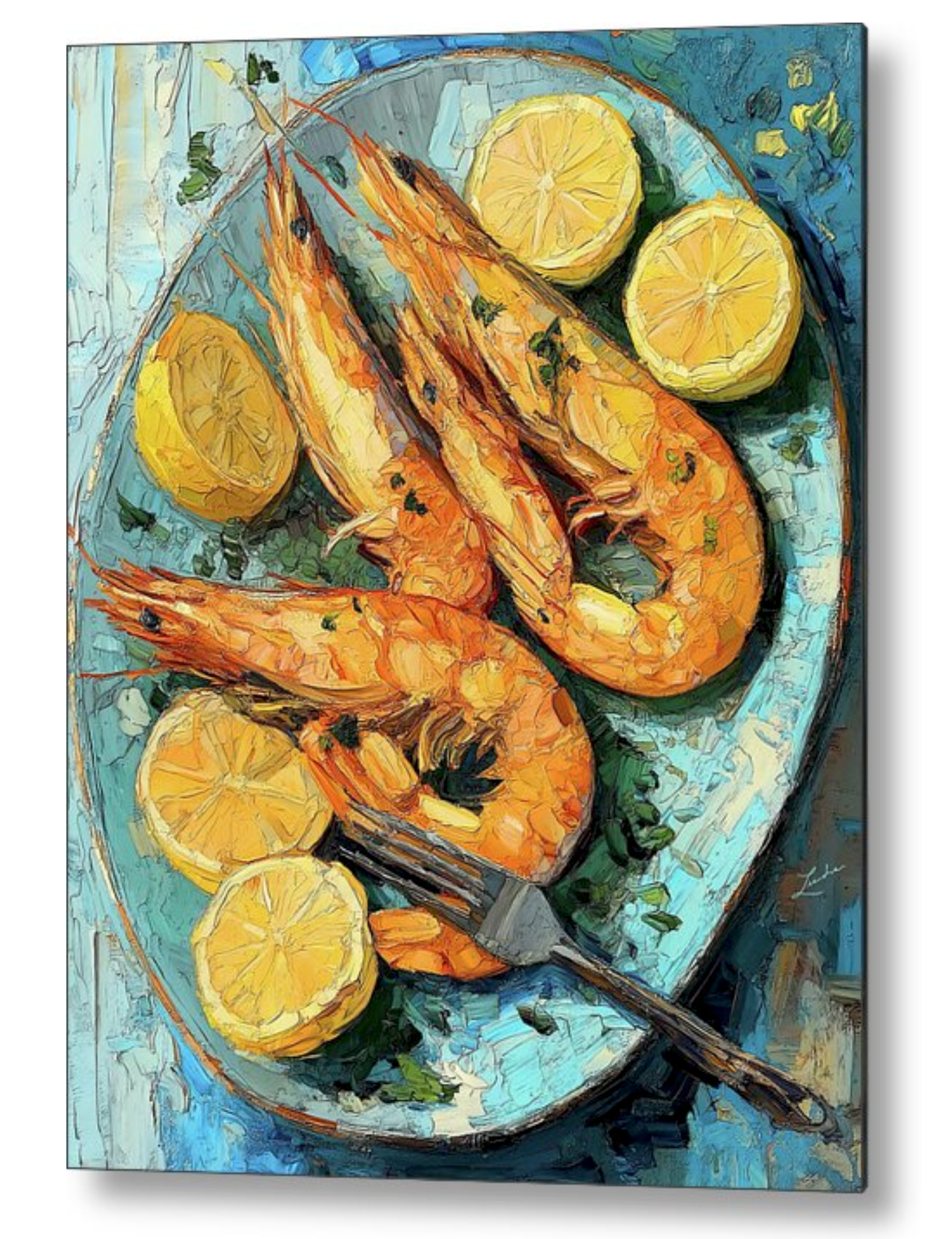 Vertical wall art featuring Langostino shrimp and lemons with fork on an aqua plate in painterly impasto style, printed on wood with customizable format style. Italian and Mediterranean heritage kitchen wall decor, seafood art print, culinary wall art, restaurant decor, cafe wall art, farmhouse kitchen decor, housewarming gift, gift for cook, gift for her. 