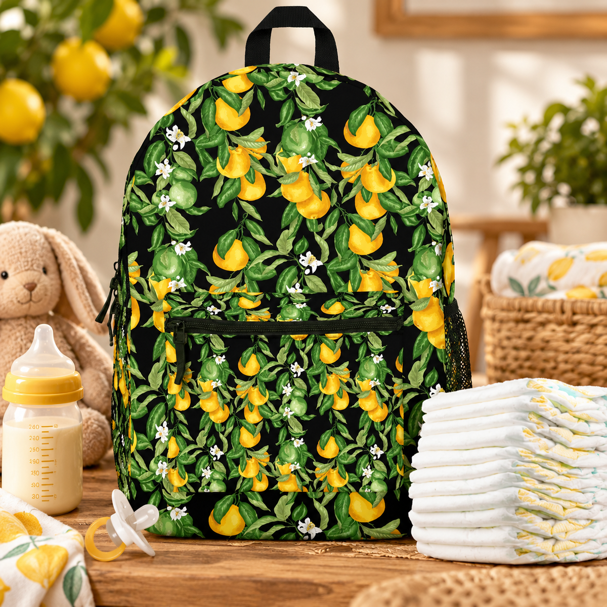 Sicilian lemon-print diaper backpack with yellow lemons, green leaves, and white blossoms on black, displayed with baby essentials, diapers, and a bottle.
