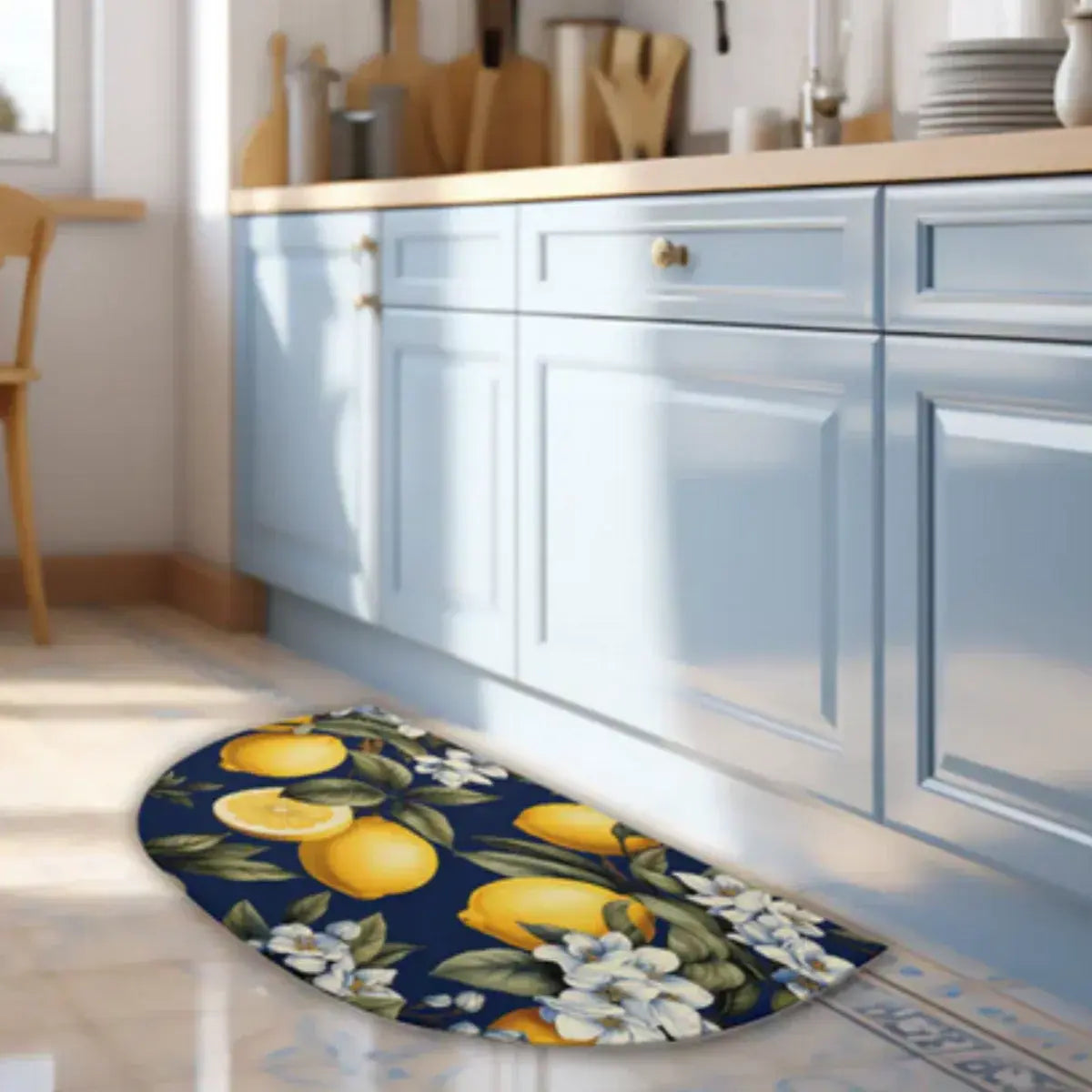 Navy welcome mat with lemons and blossoms Mediterranean look. Italian housewarming gift, gift for her, European home decor, Sicilian heritage gift, kitchen accent. 