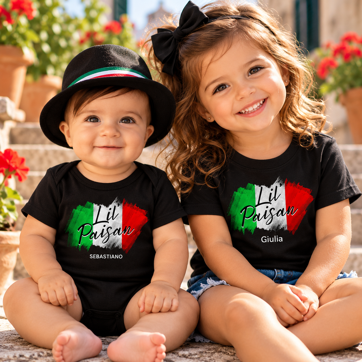Brother and sister wearing personalized black Lil Paisan Italian heritage baby bodysuit and kids' tee.