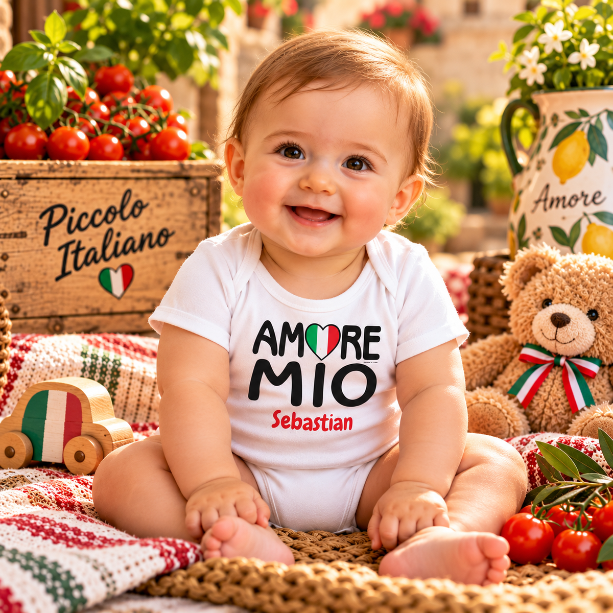 Personalized Amore Mio Italian Baby Onesie with Custom Name and Italian Flag Heart