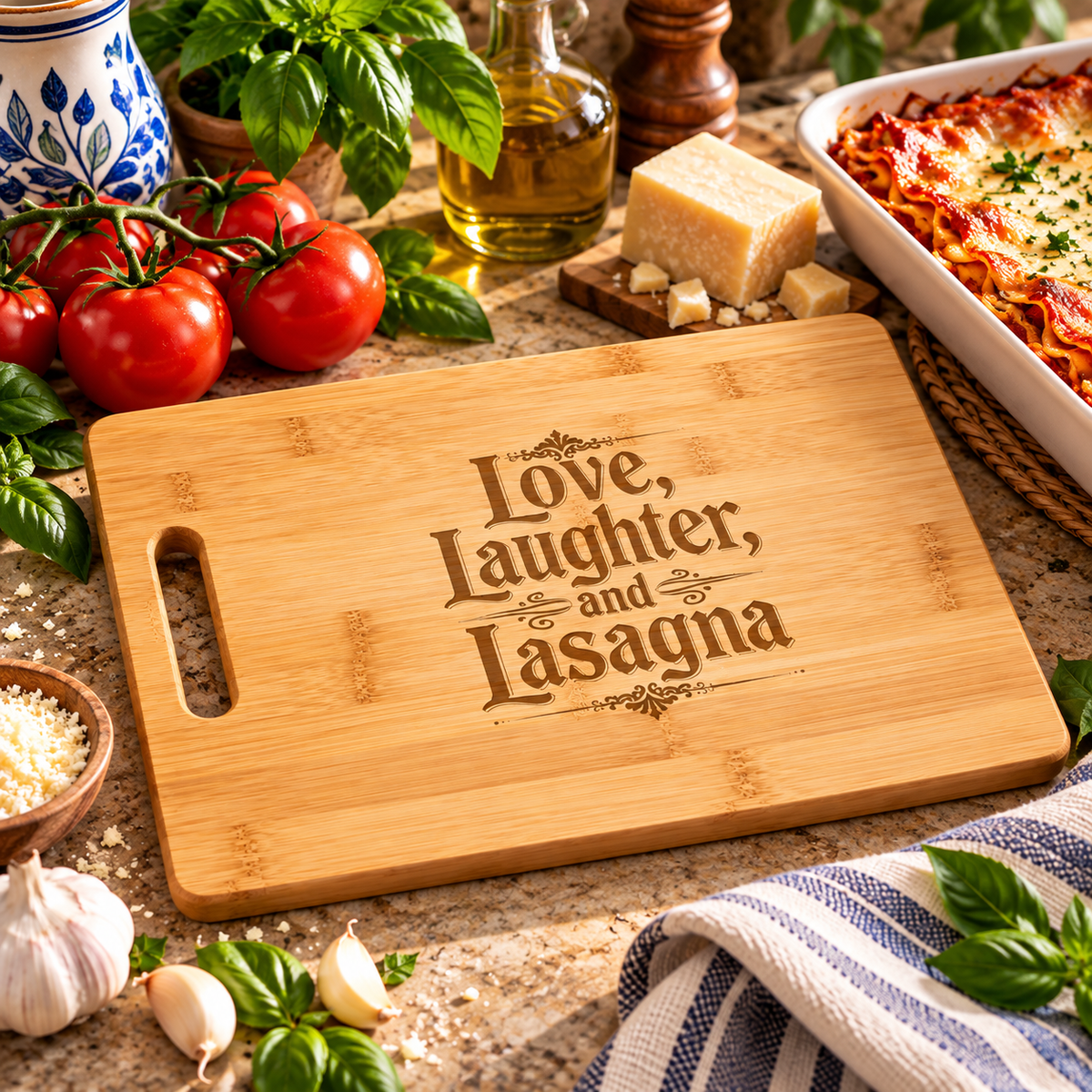 Love, Laughter and Lasagna Bamboo Cutting Board – Italian Kitchen and Lasagna Lover Gift Wedding Housewarming Gift