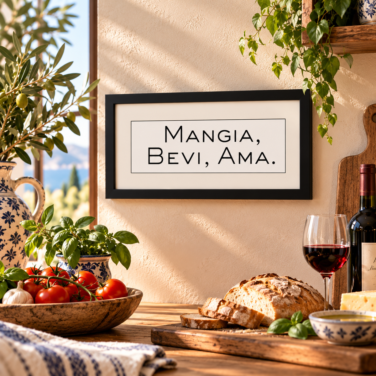 Bring the joy of Italian living into your home with this elegant “Mangia, Bevi, Ama” framed wall art, meaning “Eat, Drink, Love” in Italian! Featuring timeless black-and-white typography, this charming Italian kitchen decor celebrates good food, fine wine and *la dolce vita*. Perfect for Tuscan kitchens, dining rooms and Mediterranean-inspired homes. A thoughtful Italian housewarming, wedding or hostess gift for foodies, wine lovers and anyone who loves Italian heritage!