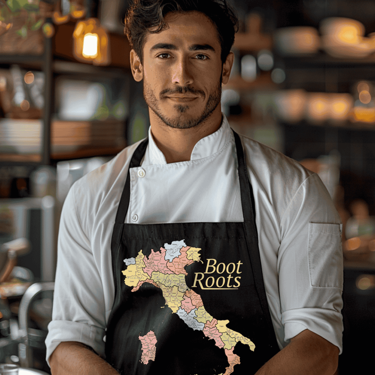 Man wearing a black apron with 'Boot Roots' design featuring the map of Italy - Italian heritage gift for cooks