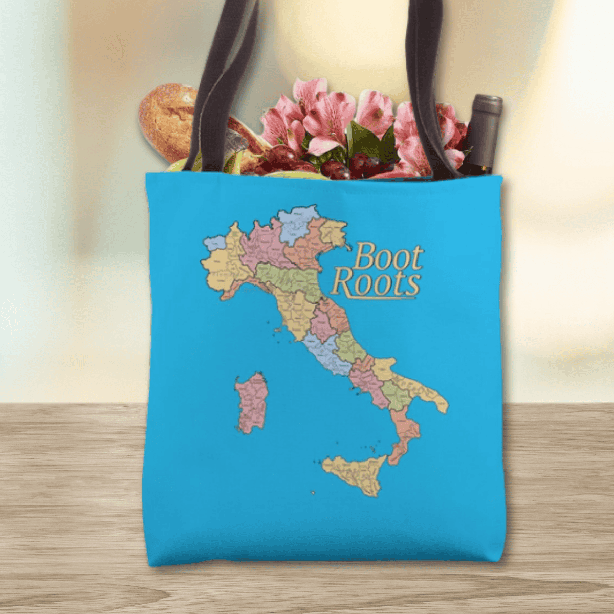 Blue Tote bag with a map of Italy and 'Boot Roots' text - Italian heritage travel gift