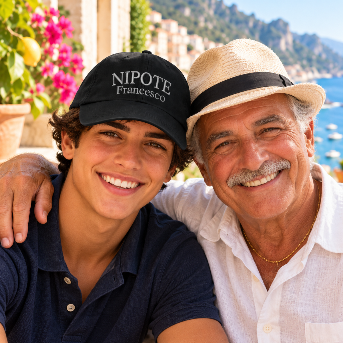 Proud Italian Nonno smiling with grandson wearing a personalized Nipote Francesco embroidered baseball cap. Italian heritage family gift.
