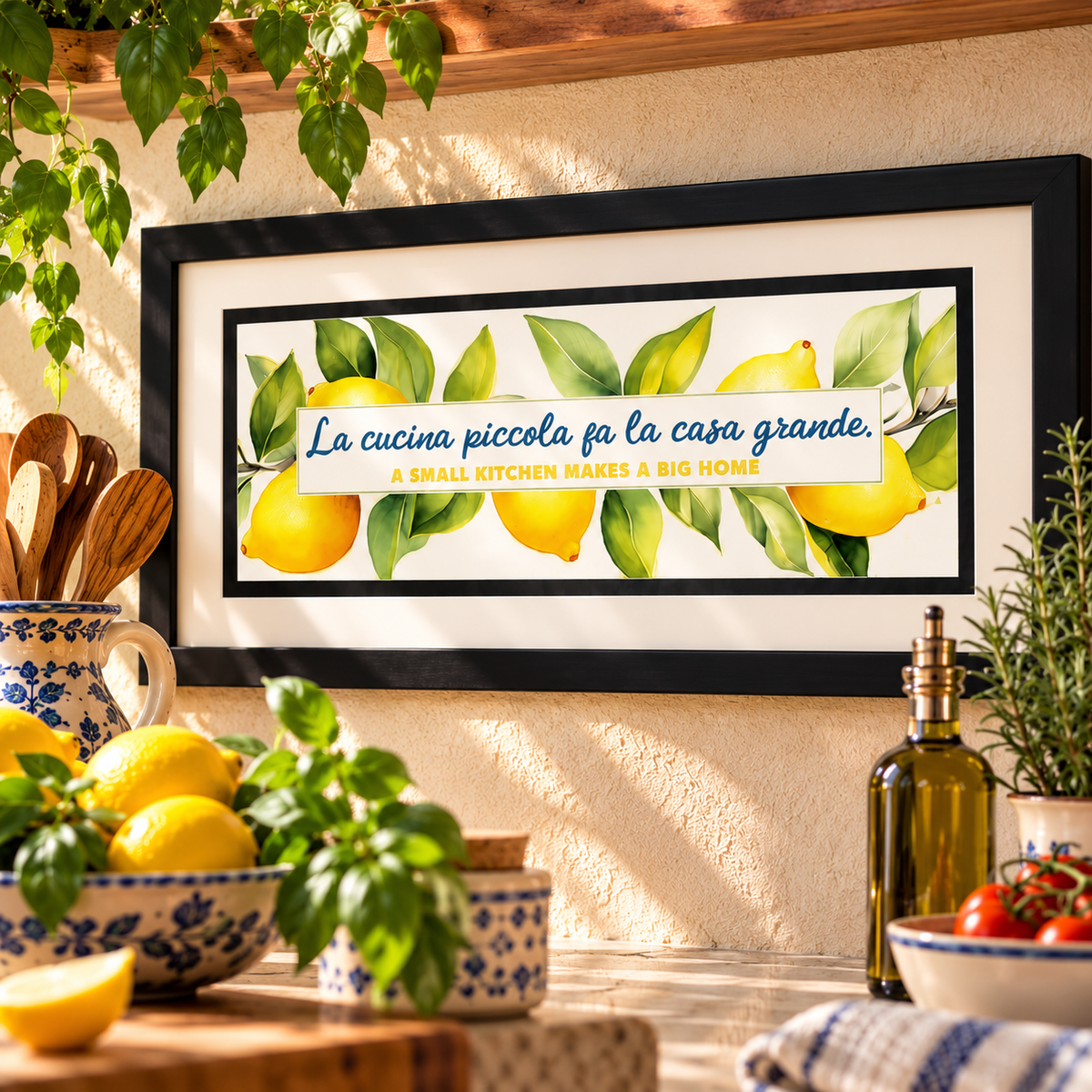 Celebrate the heart of Italian family life with this beautiful lemon watercolor framed wall art featuring the saying “La Cucina Piccola Fa La Casa Grande” — “A Small Kitchen Makes a Big Home.” Showcased in a classic black frame with delicate yellow lemons, botanical greenery and navy Italian lettering, this charming artwork brings timeless Italian and Sicilian heritage to Tuscan farmhouse kitchens, breakfast nooks and Mediterranean-inspired homes. A meaningful housewarming, Mother's Day or Christmas gift fo