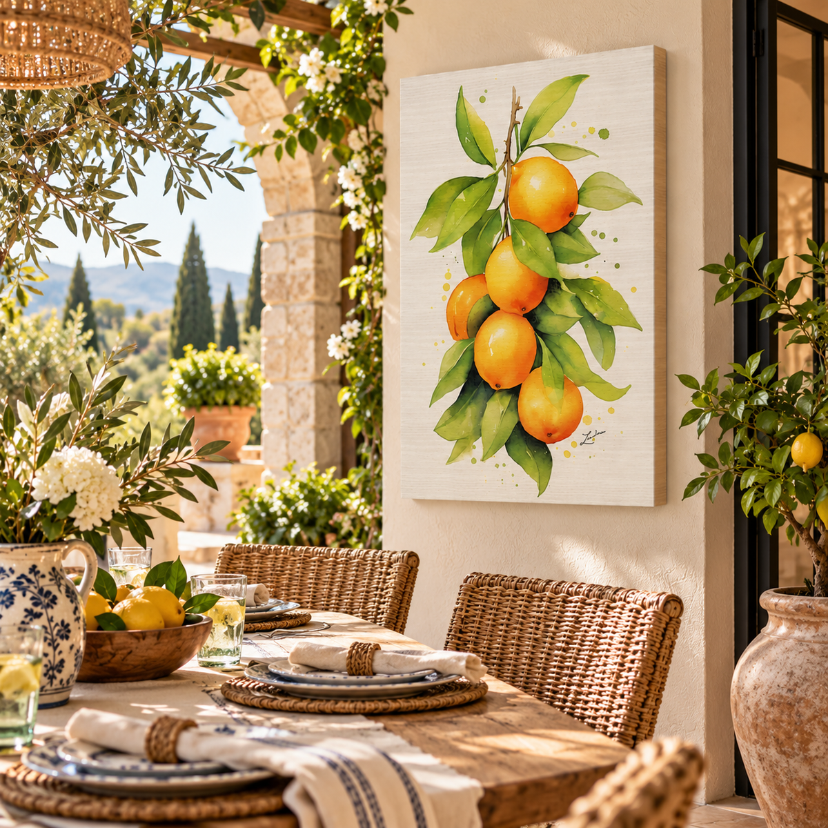 Bring the beauty of the Italian countryside home with this charming watercolor oranges canvas wall art. Featuring sun-kissed citrus and lush green leaves, this Mediterranean-inspired artwork adds warmth and Tuscan elegance to patios, outdoor dining areas, kitchens and dining rooms. A beautiful gift for lovers of Italian decor!

