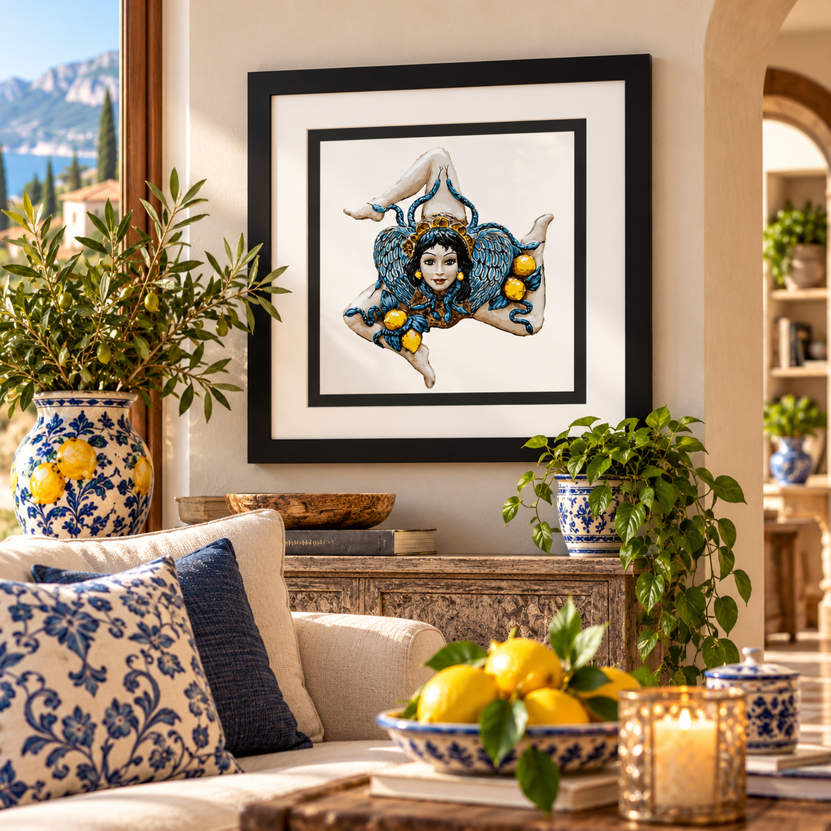 Celebrate your Sicilian heritage with this stunning Trinacria of Sicily framed wall art! Featuring the iconic three-legged Sicilian symbol with an expressive woman's face, intricate blue detailing and golden accents, this distinctive artwork brings Mediterranean elegance and cultural pride to any living room. Beautifully displayed among Italian ceramics, olive branches and coastal-inspired decor, it makes a meaningful Sicilian housewarming, wedding, Christmas or family gift for anyone who proudly celebrates