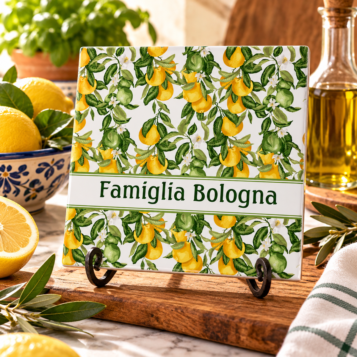 Personalized Italian Lemon Ceramic Tile with Custom Family Name