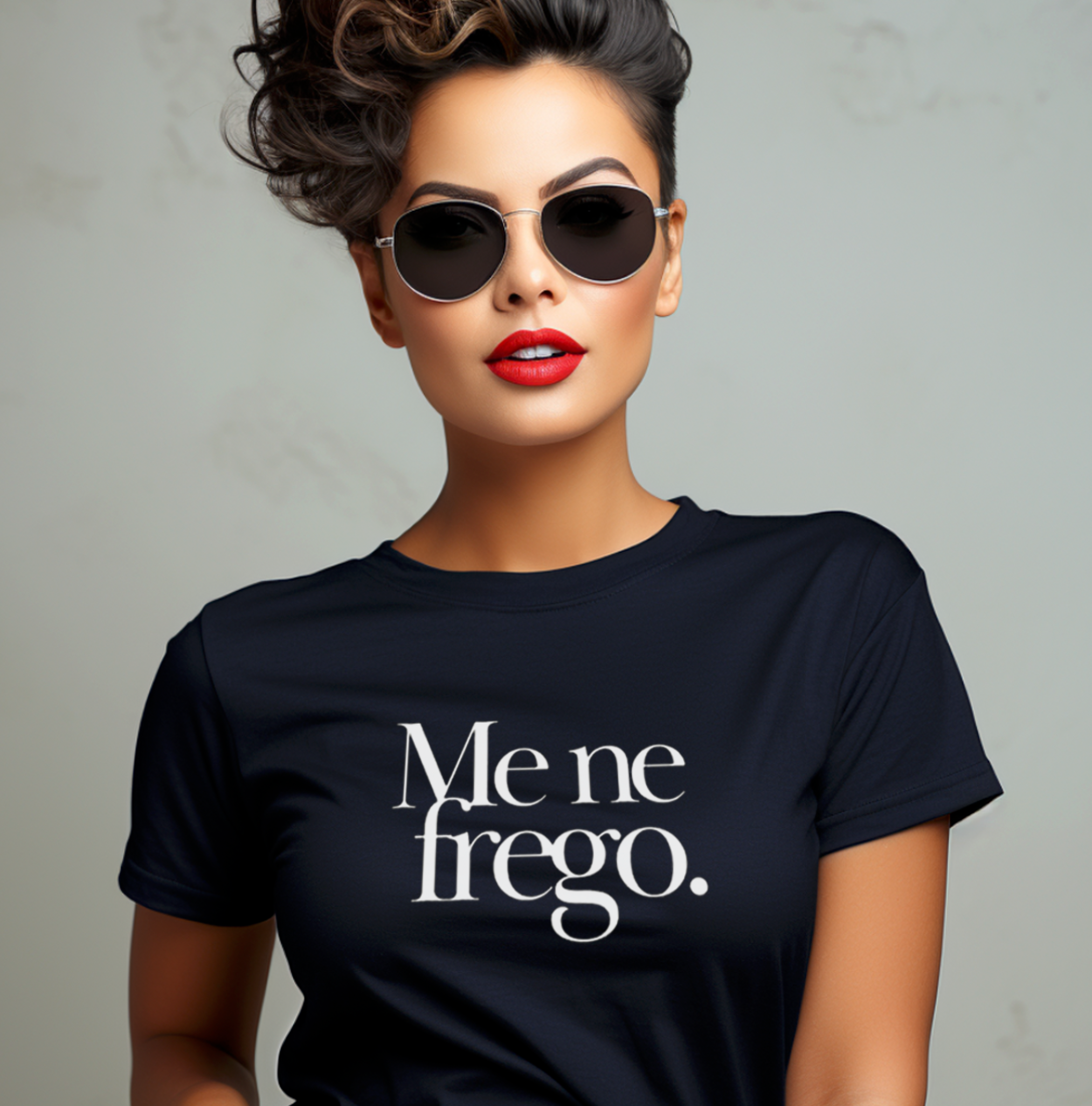 Woman wearing navy Me ne frego t-shirt - Italian I don't care phrase humor apparel gift. 