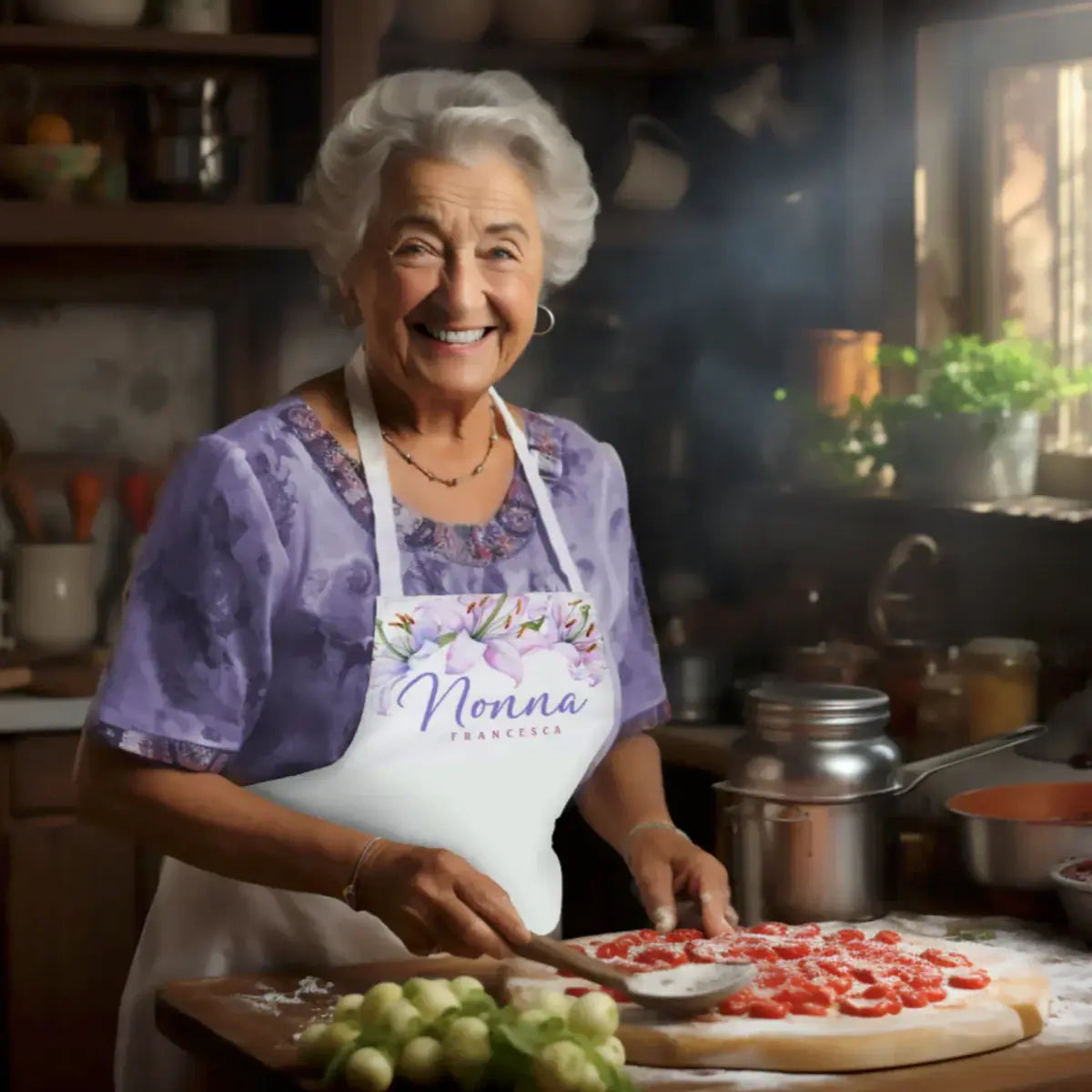 Woman in a kitchen wearing a 'Nonna' apron, preparing food. Personalized Italian Sicilian heritage gift for grandmother, gift for her, mother's day gift, Christmas gift.