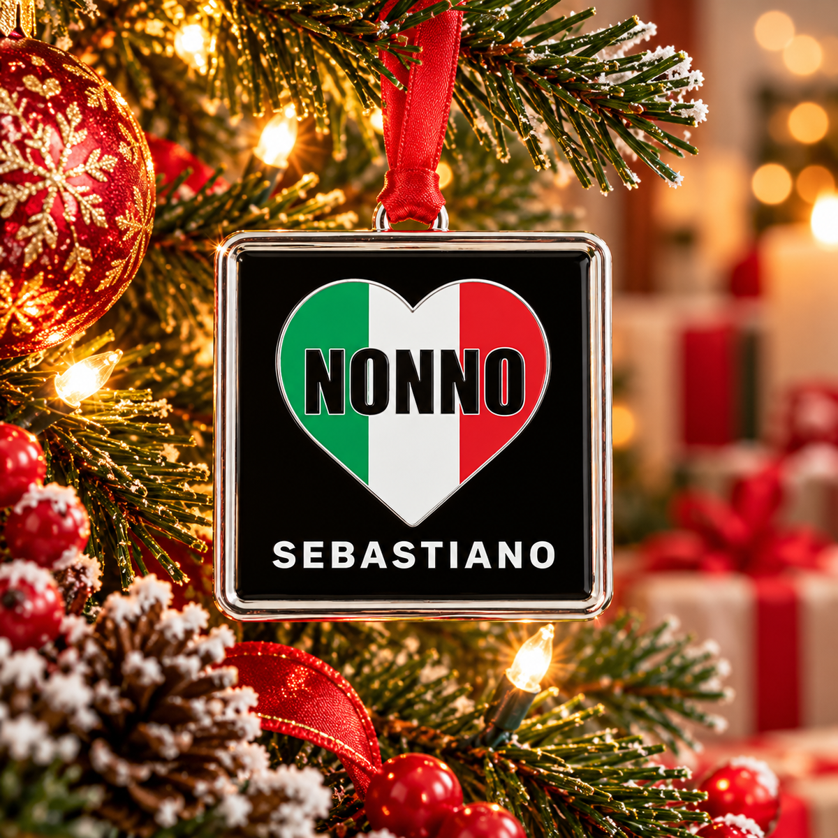 Personalized Nonno Sebastiano Italian Christmas ornament with tricolor heart hanging on a festive tree.
