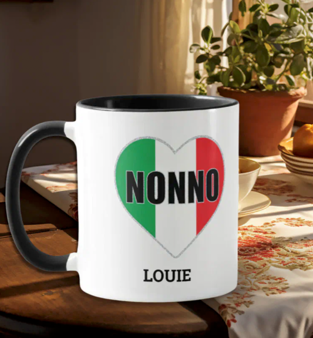 Personalized Nonno Italian Flag Heart Mug heritage gift for grandfather, Christmas gift, Father's Day gift, birthday gift.