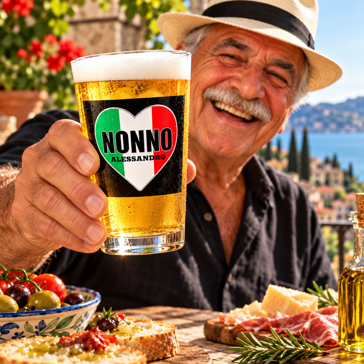 Personalized Nonno Italian beer glass featuring an Italian flag heart and custom name, held by a smiling Italian grandfather. Perfect Italian Grandpa gift for Father's Day, birthdays or Christmas.